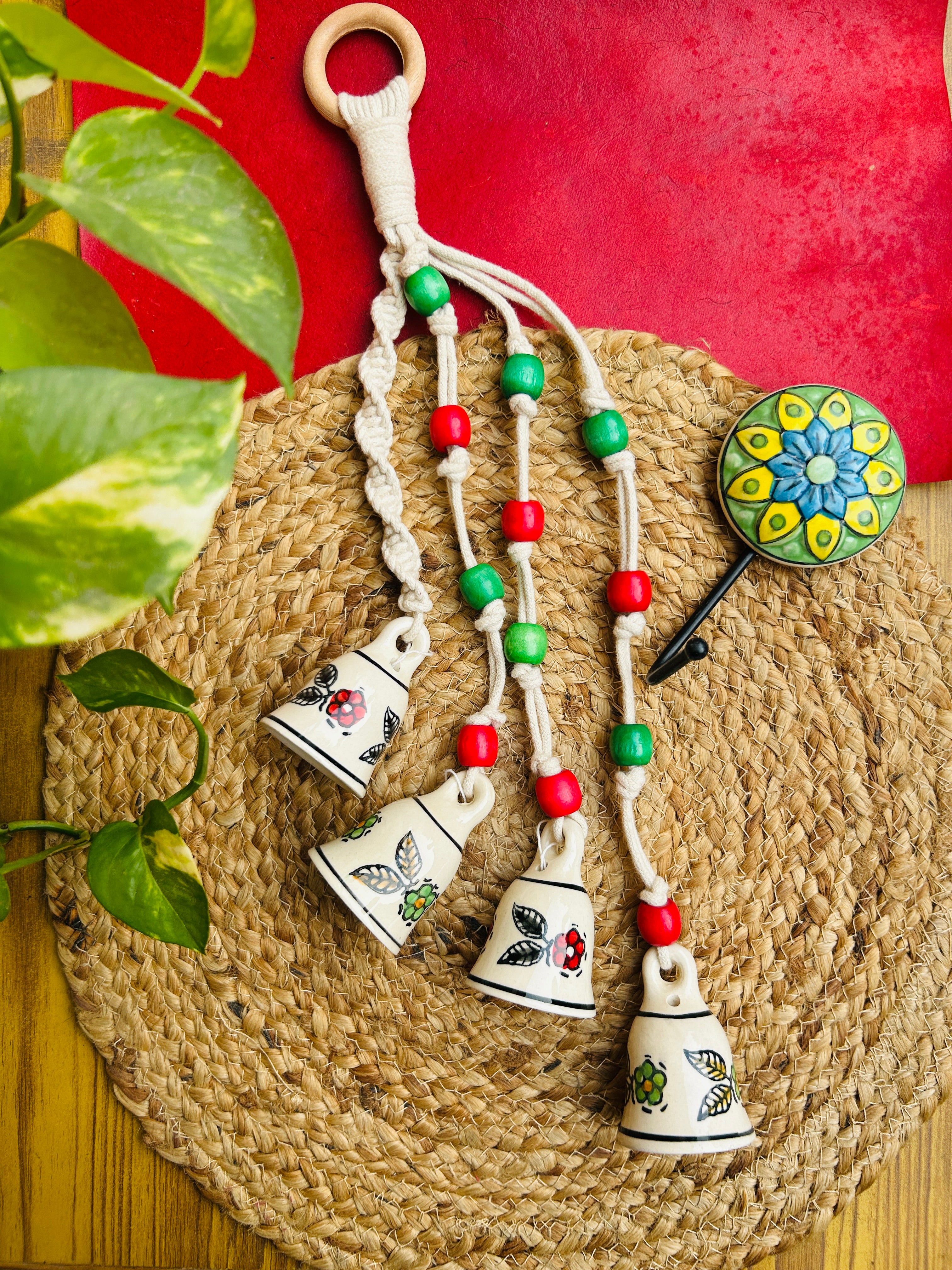 Indian Rose| Symphony Chimes | Bunch of 4 (mini) bells with Ceramic Hook | Set of 1