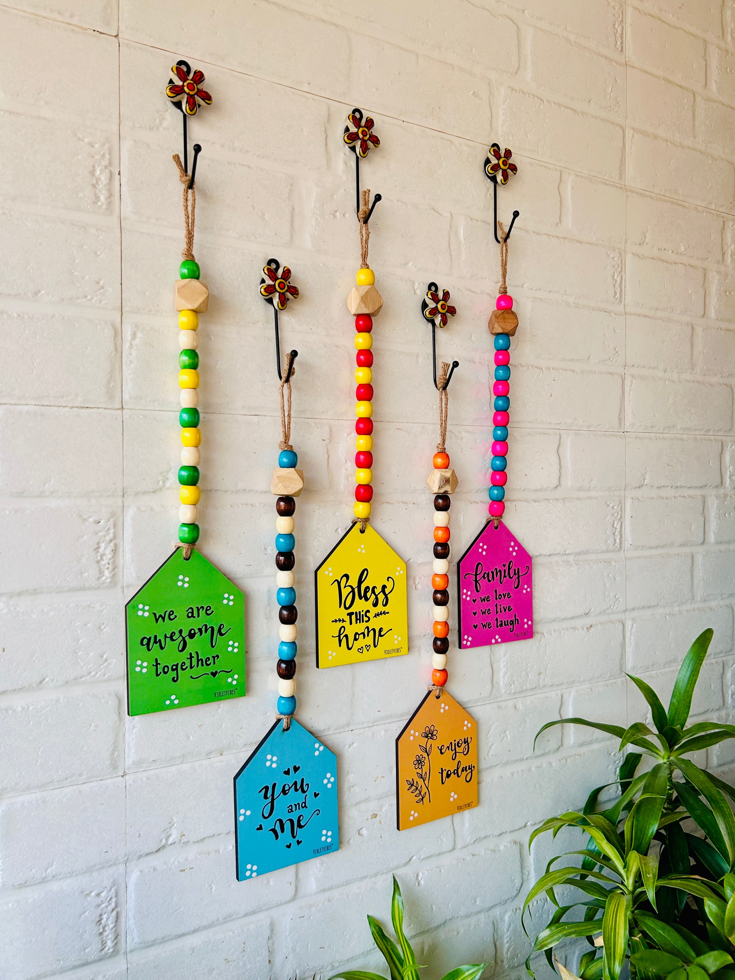 Beaded Wooden Huts with Ceramic Hooks - Set of 5