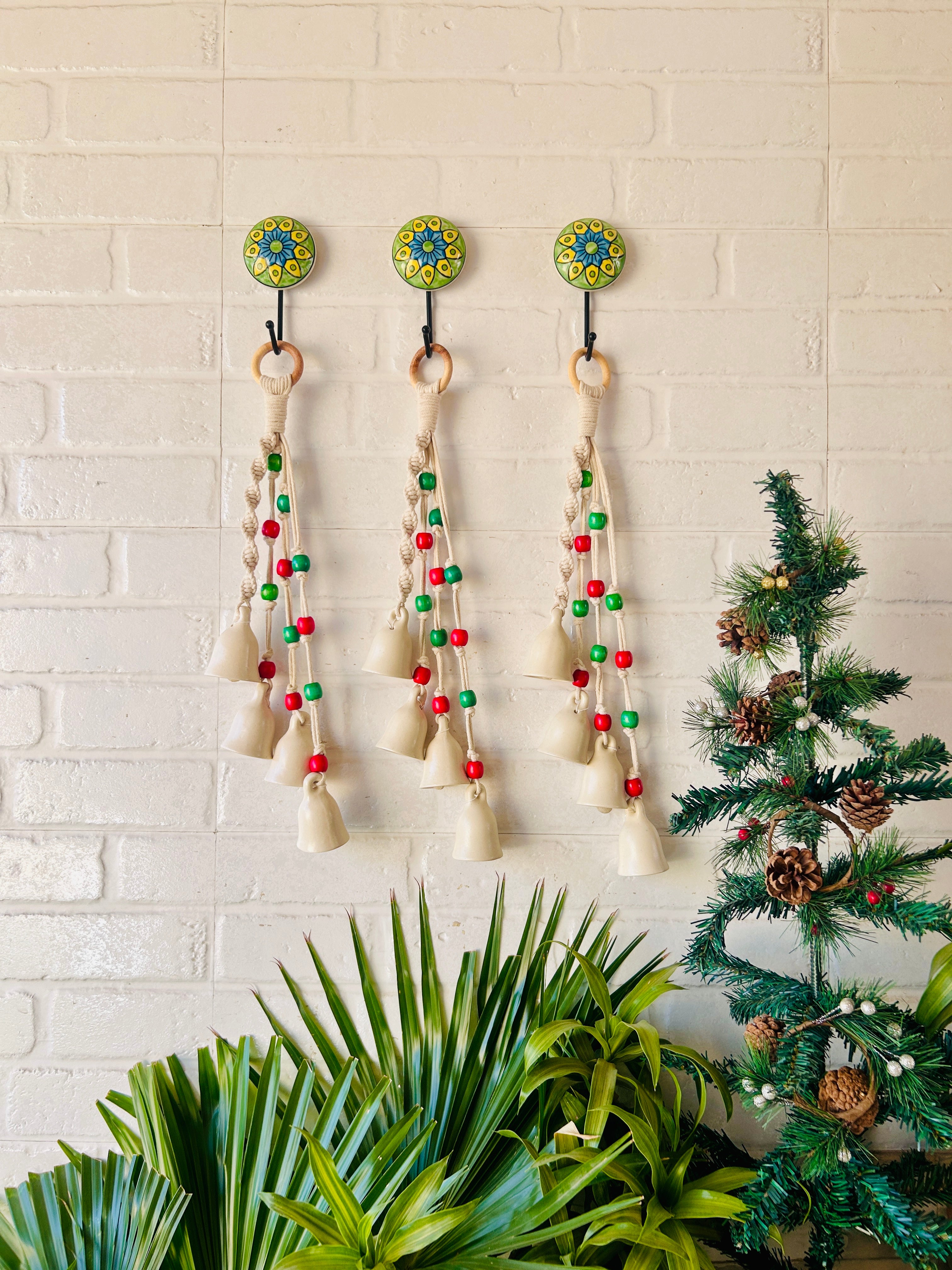 INDIAN ROSE IVORY | Symphony Chimes | Bunch of 4 (mini ivory bells with Ceramic Hook | Set of 3