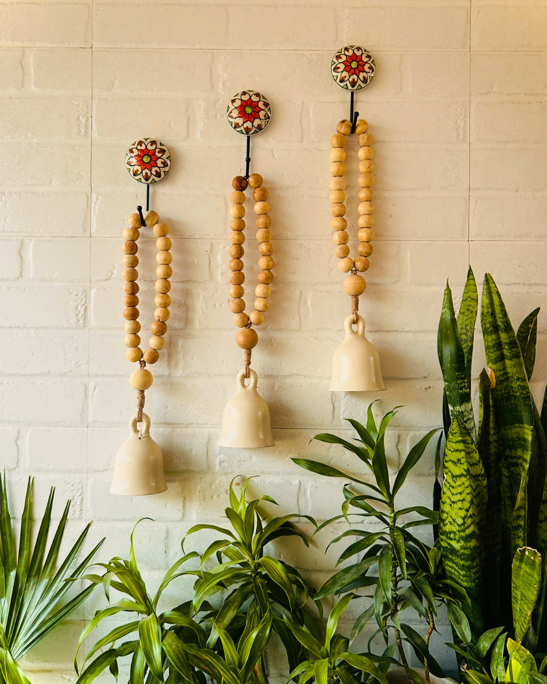 Classic White Boho Beaded Ceramic Bells with ceramic hooks