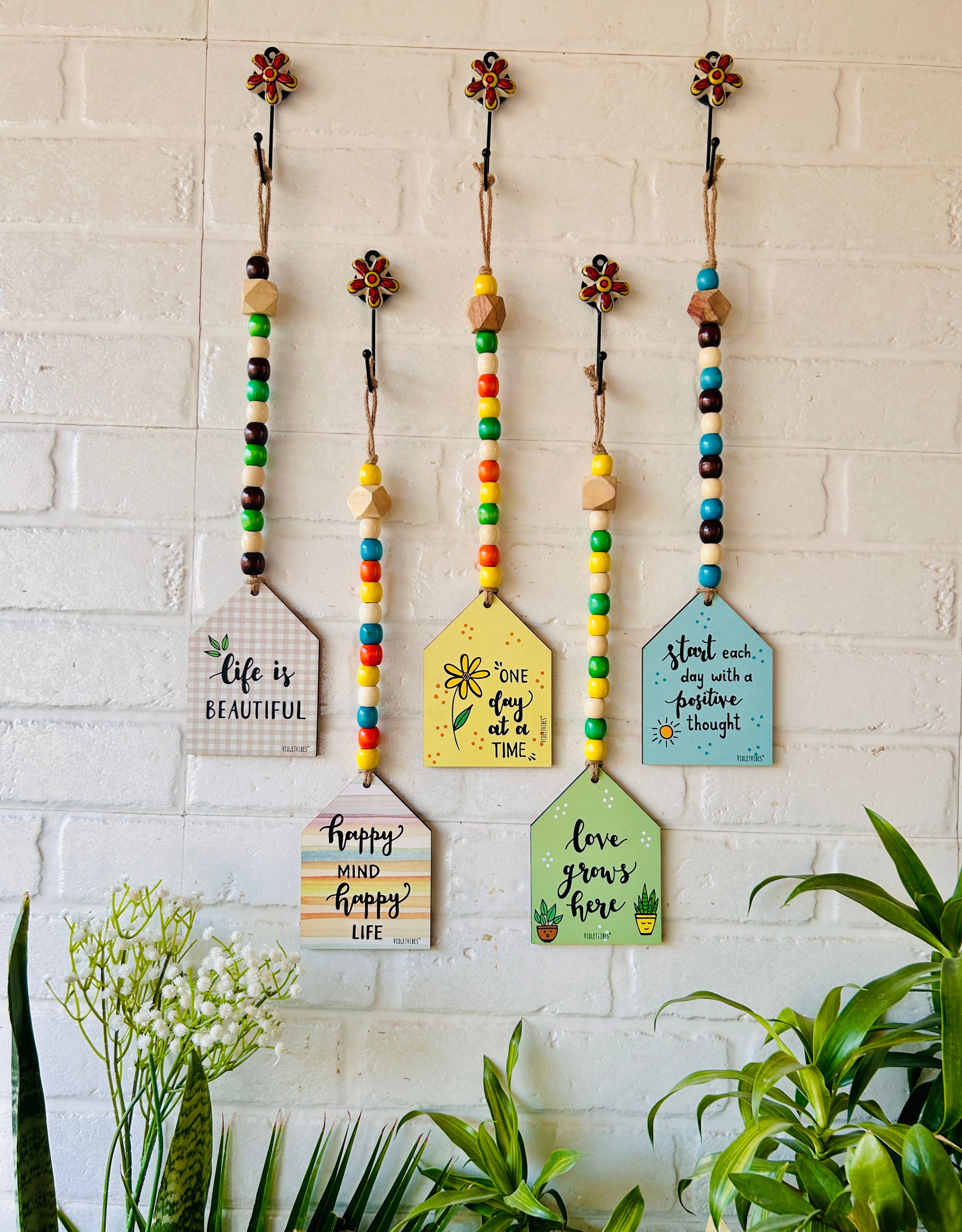 Beaded Wooden Huts with Ceramic Hooks - Set of 5