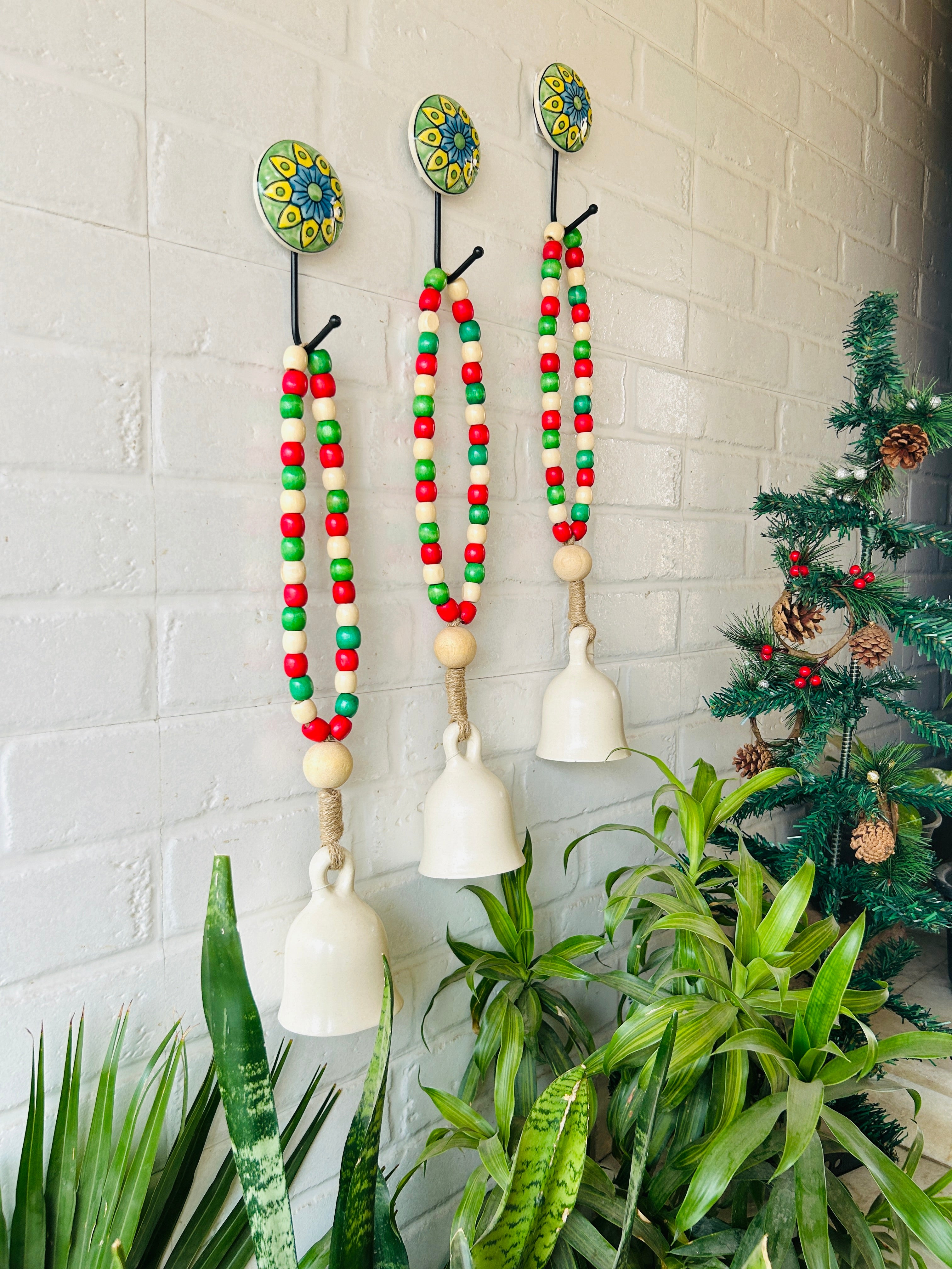 Classic White Colorful Beaded Ceramic Bells with ceramic hooks| Set of 3