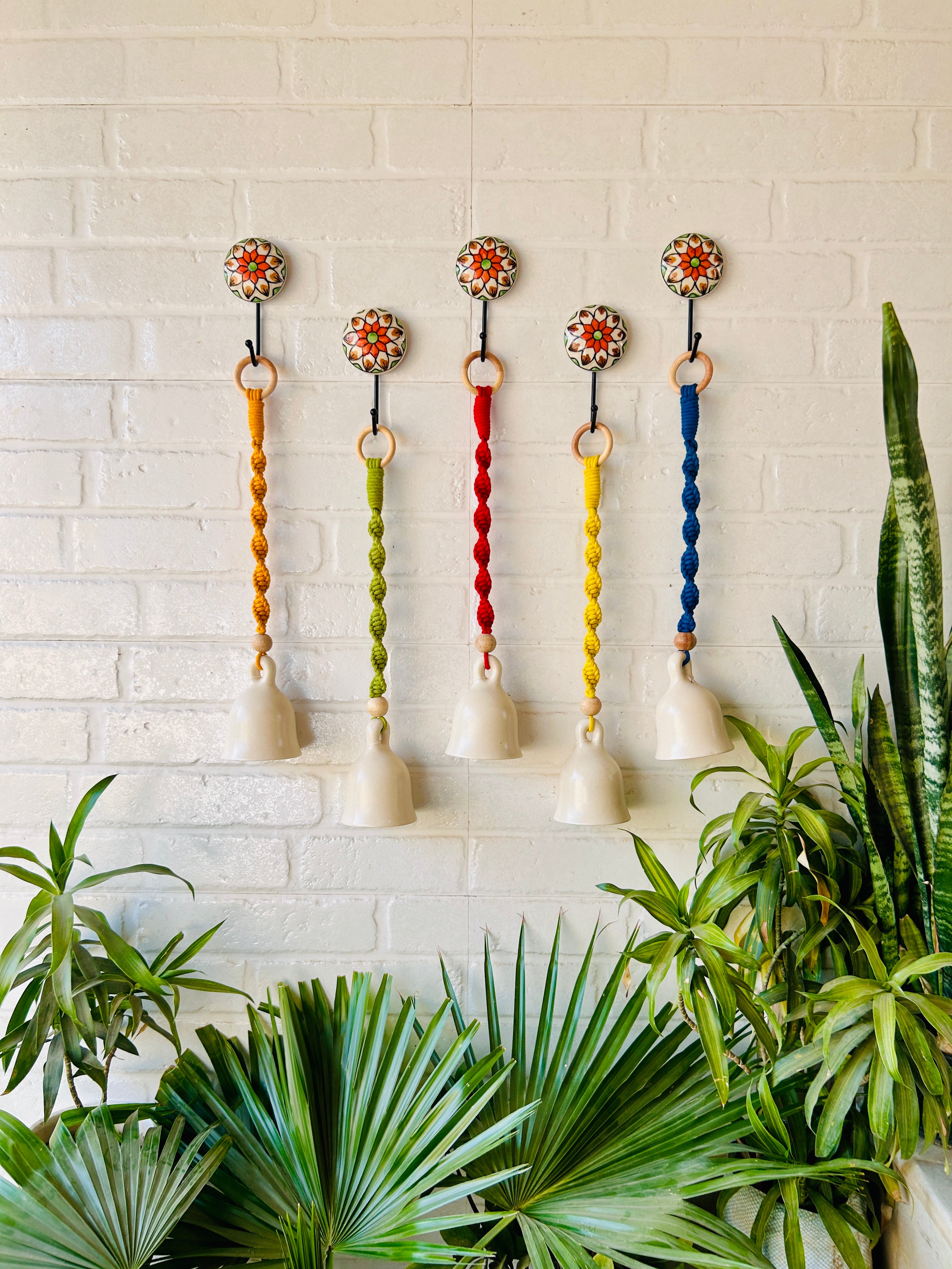 SET OF FIVE | Ivory Ceramic Macrame Bells with Ceramic Hooks (Buy 4 get 1 free)