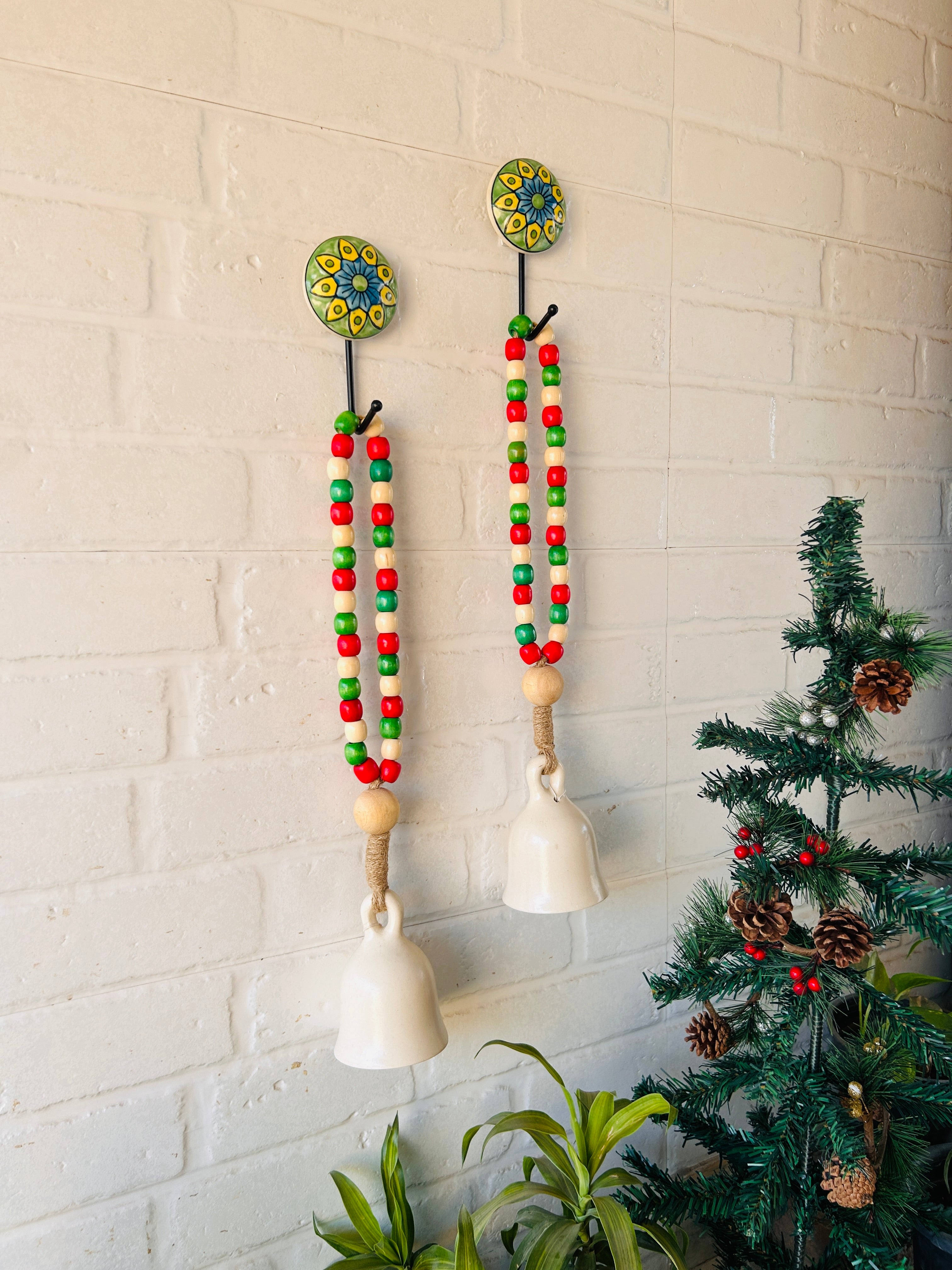 Classic White Colorful Beaded Ceramic Bells with ceramic hooks |Set of 2
