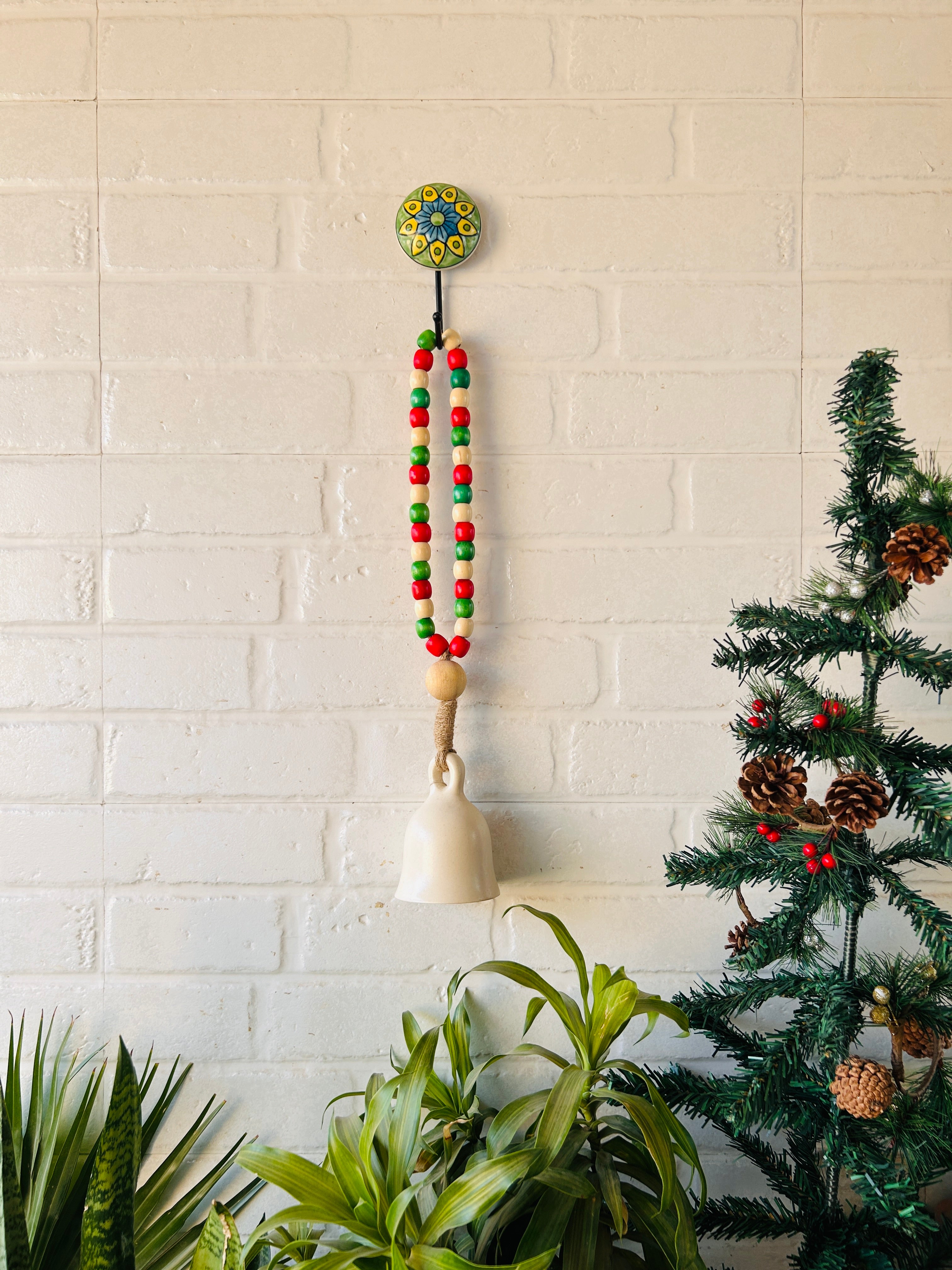 Classic White Colorful Beaded Ceramic Bell with ceramic hook