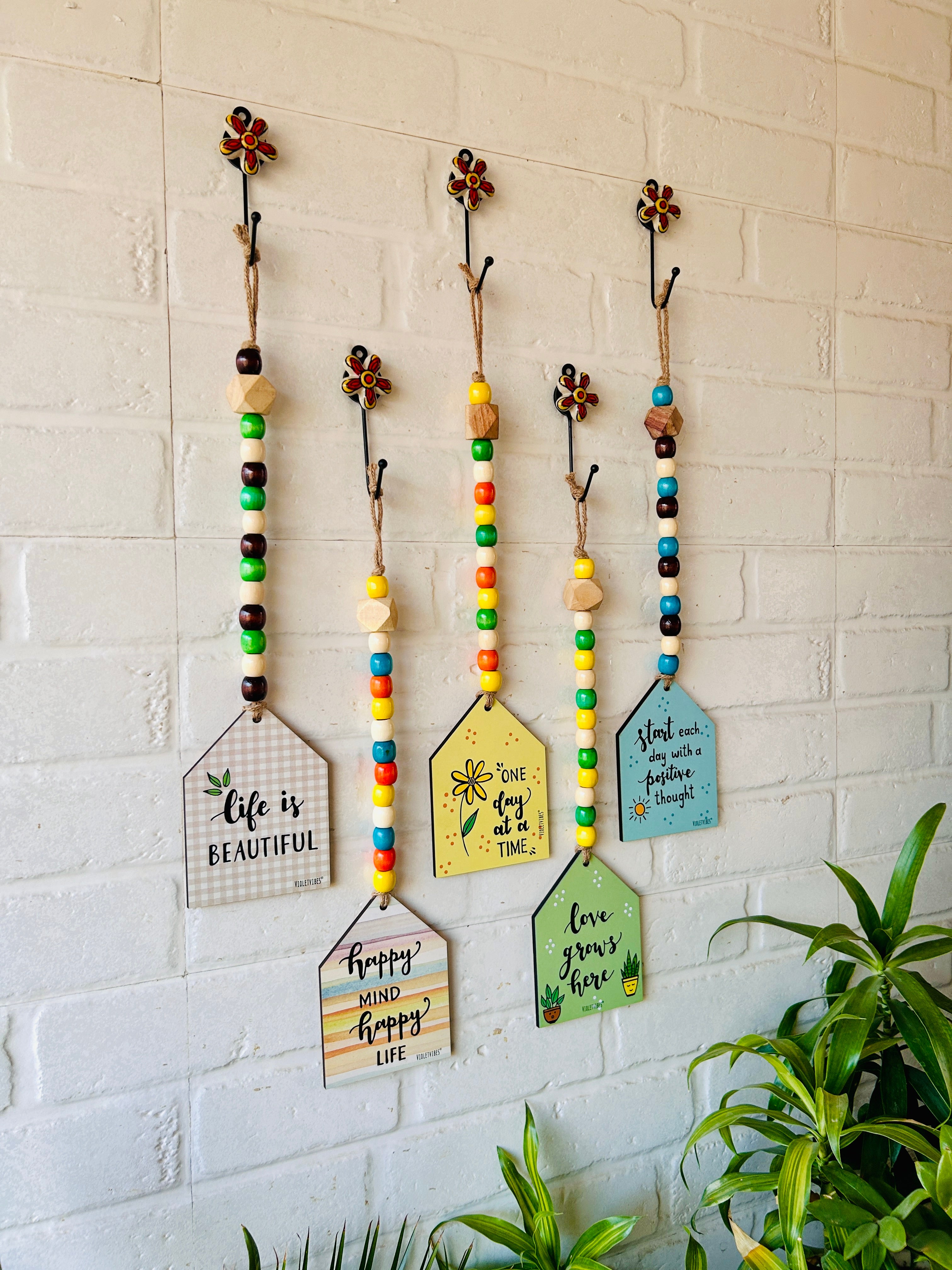 Beaded Wooden Huts with Ceramic Hooks - Set of 5