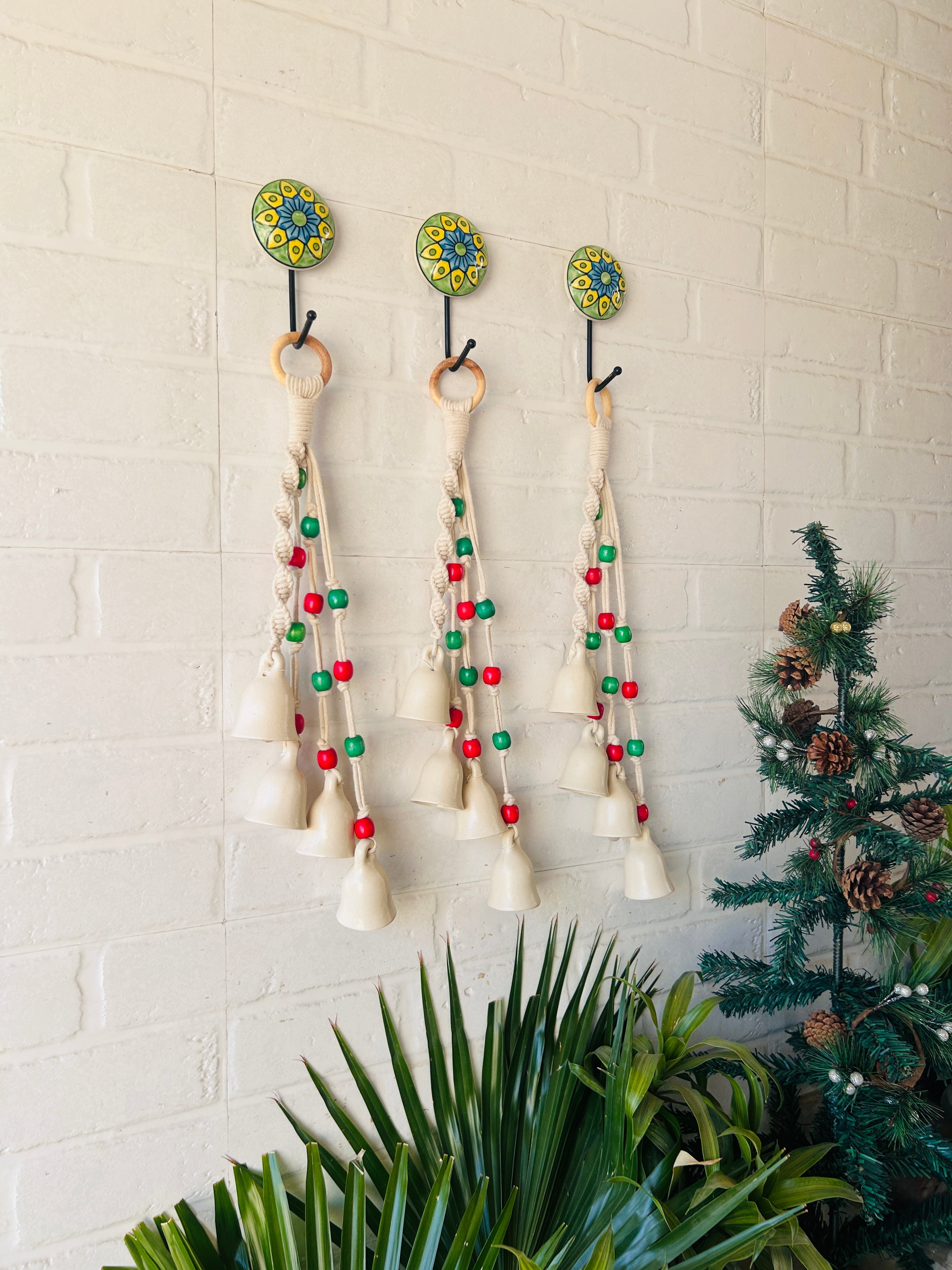 INDIAN ROSE IVORY | Symphony Chimes | Bunch of 4 (mini ivory bells with Ceramic Hook | Set of 3