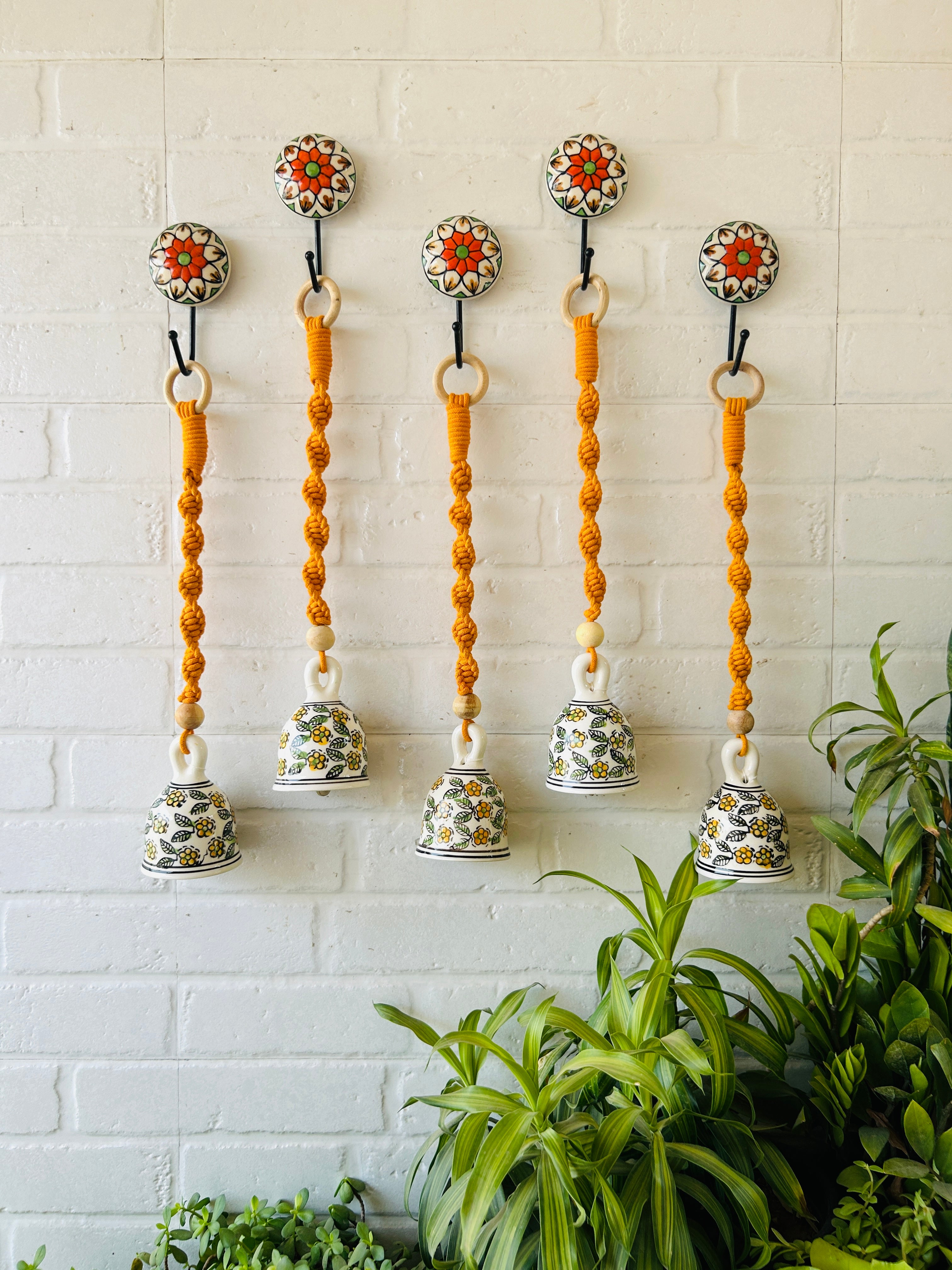 SET OF FIVE - BLOSSOM | Ceramic Macrame Bells with Ceramic Hooks (Buy 4 get 1 free)