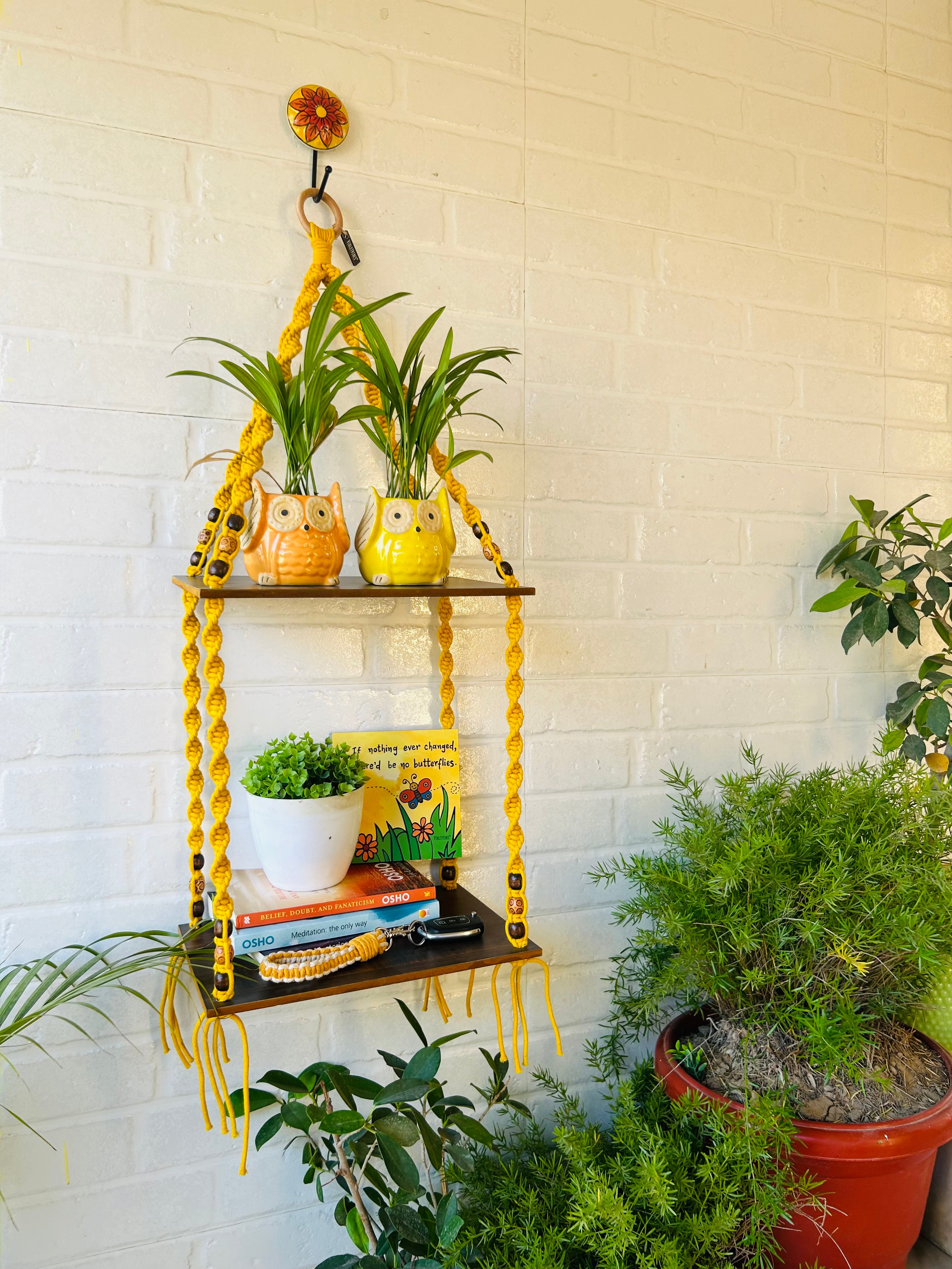 Double Tier Macrame Shelf (Yellow) with Ceramic hook
