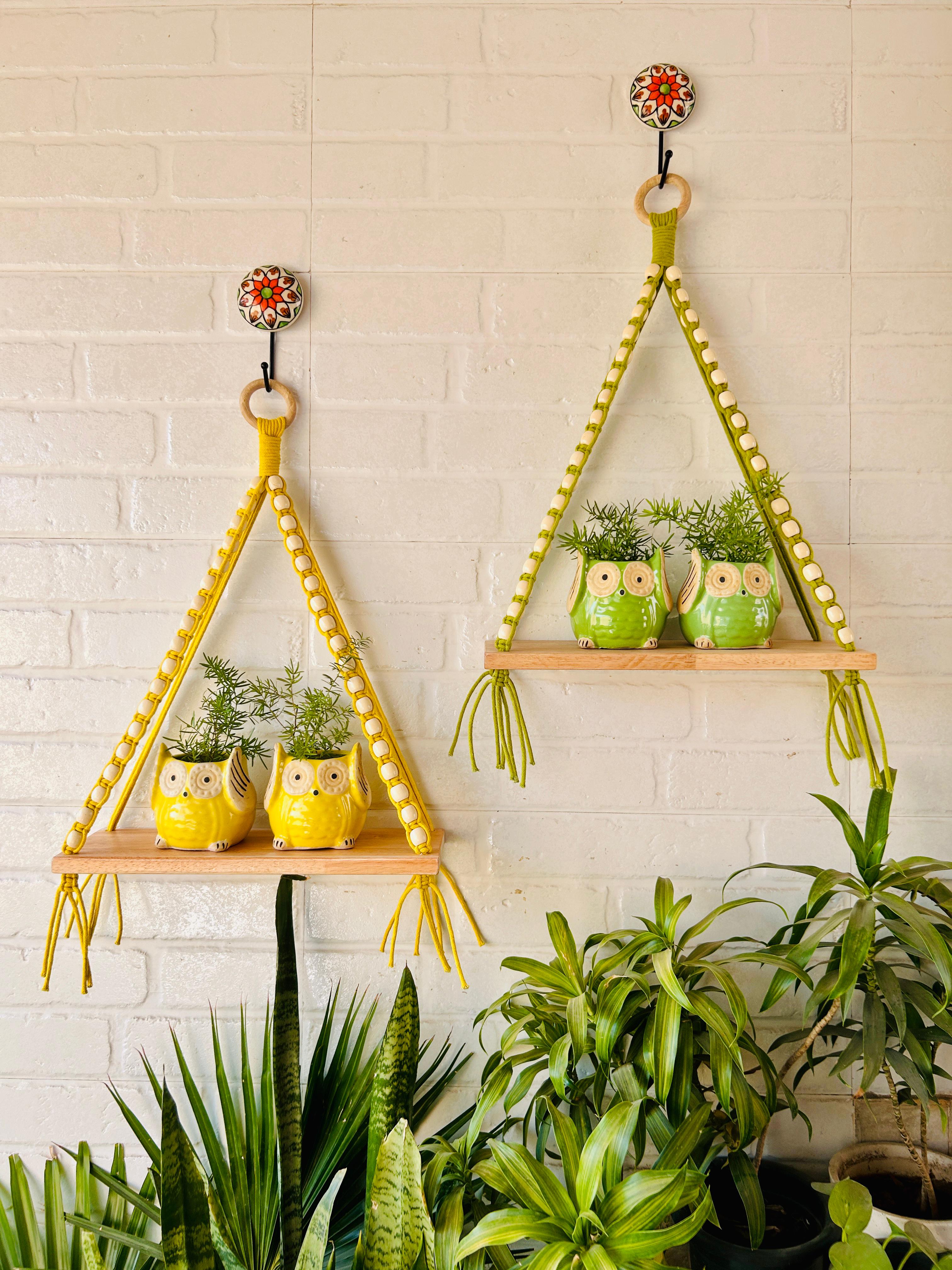 Colorful Macrame and beads shelf with two ceramic planters and one ceramic hook | Set of 2