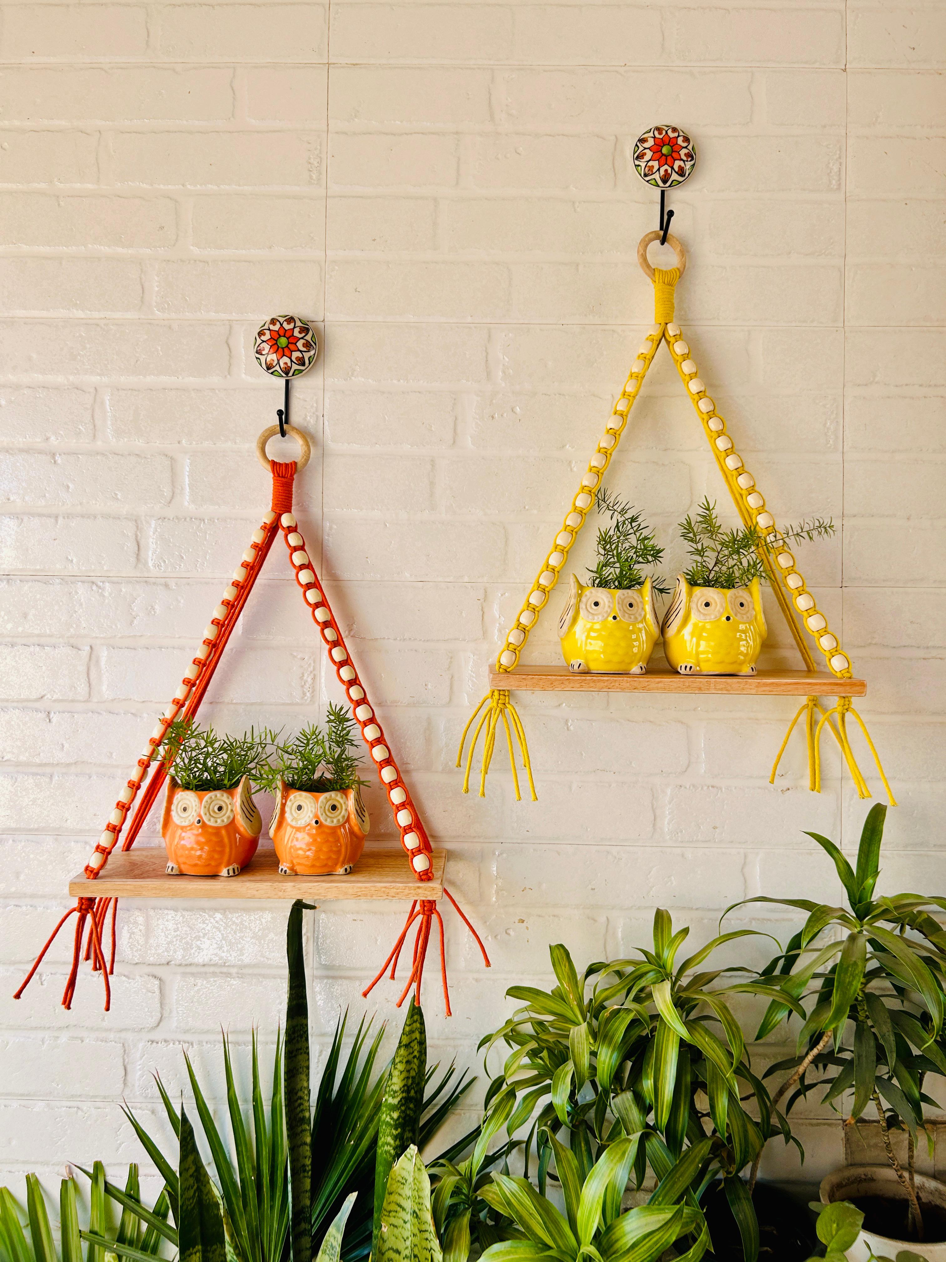 Colorful Macrame and beads shelf with two ceramic planters and one ceramic hook | Set of 2