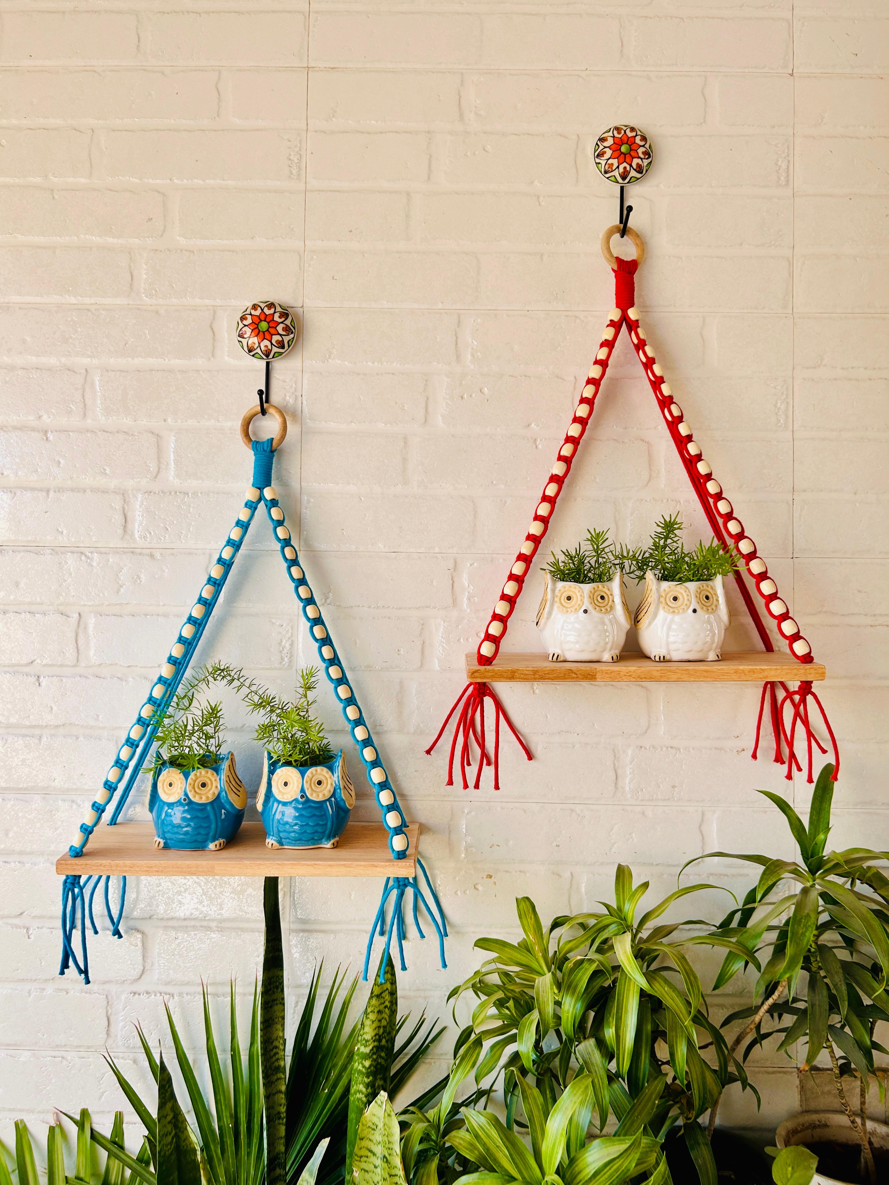 Colorful Macrame and beads shelf with two ceramic planters and one ceramic hook | Set of 2