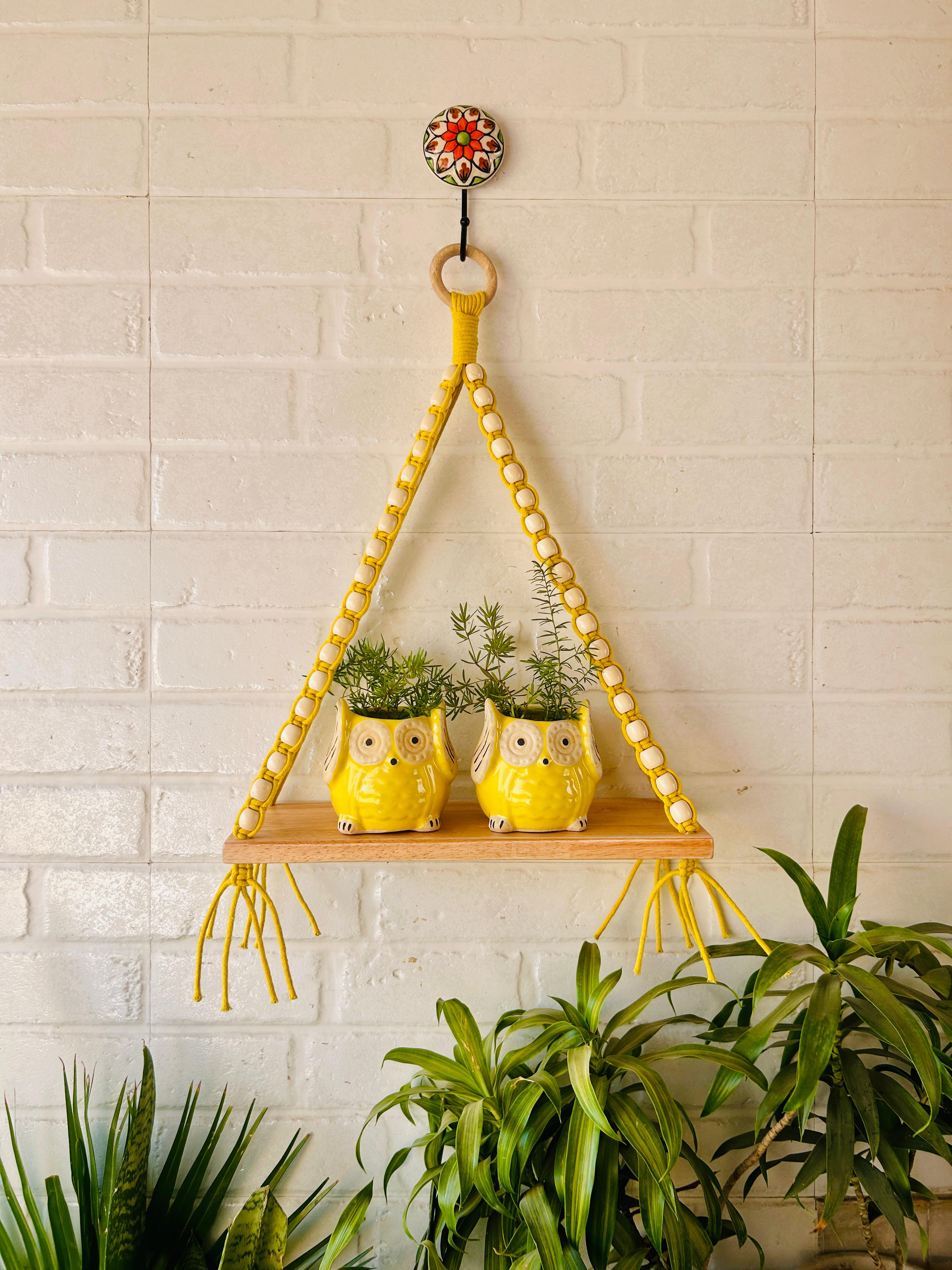 Colorful Macrame and beads shelf with two ceramic planters and one ceramic hook