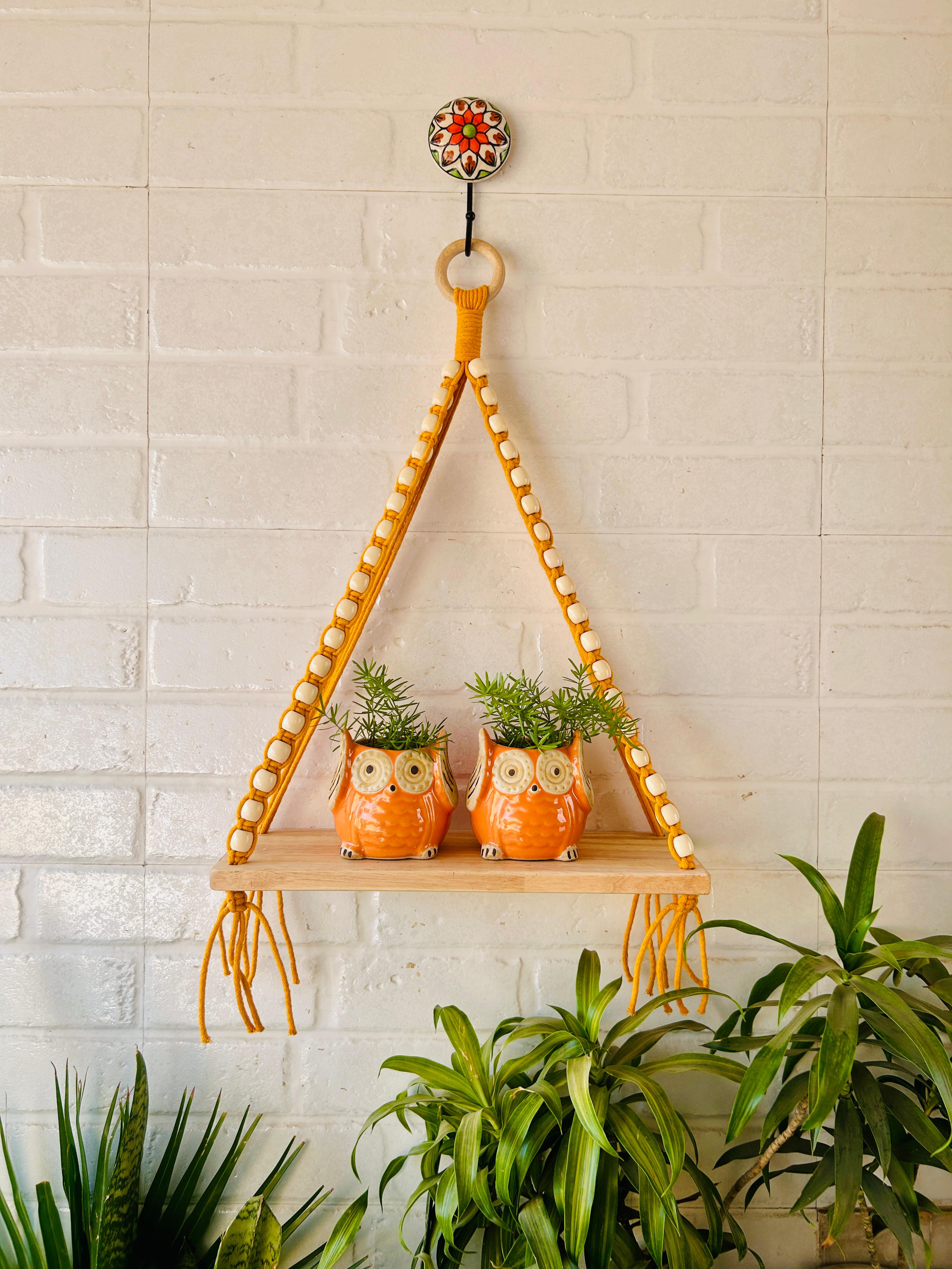 Colorful Macrame and beads shelf with two ceramic planters and one ceramic hook