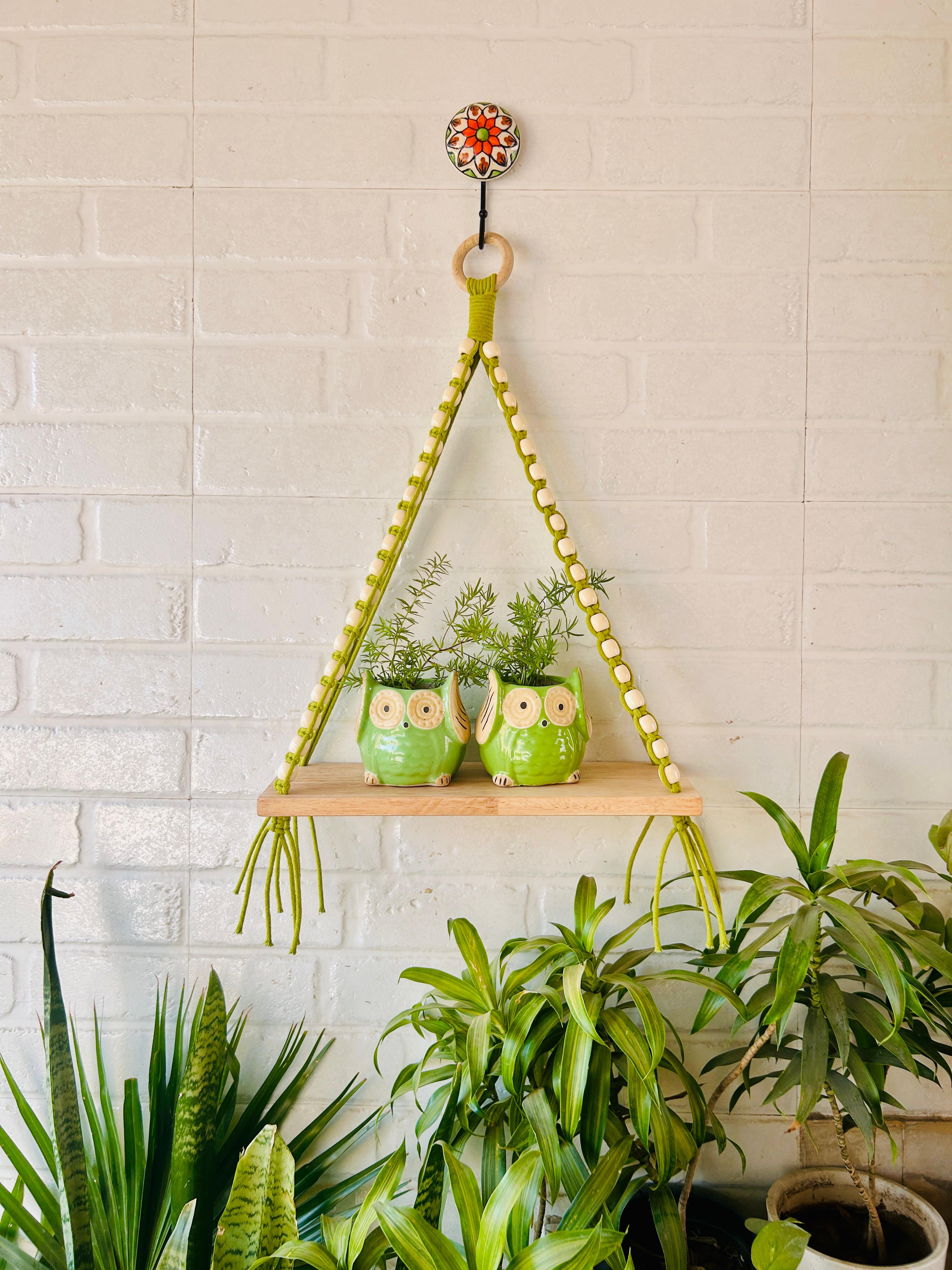 Colorful Macrame and beads shelf with two ceramic planters and one ceramic hook
