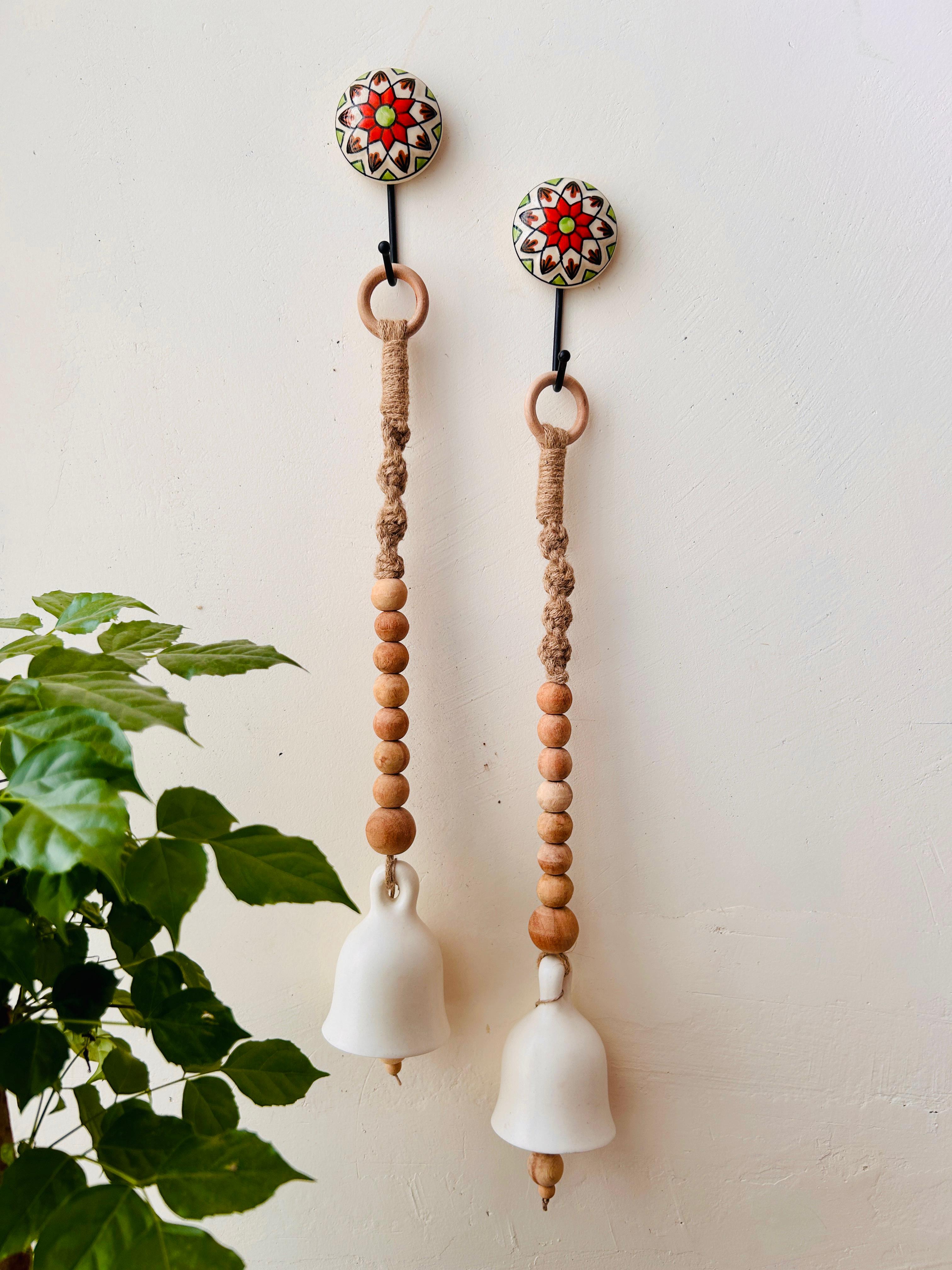 Boho Ivory Ceramic Bells with Ceramic Hooks| Set of 2 | Rustic & Serene Decor