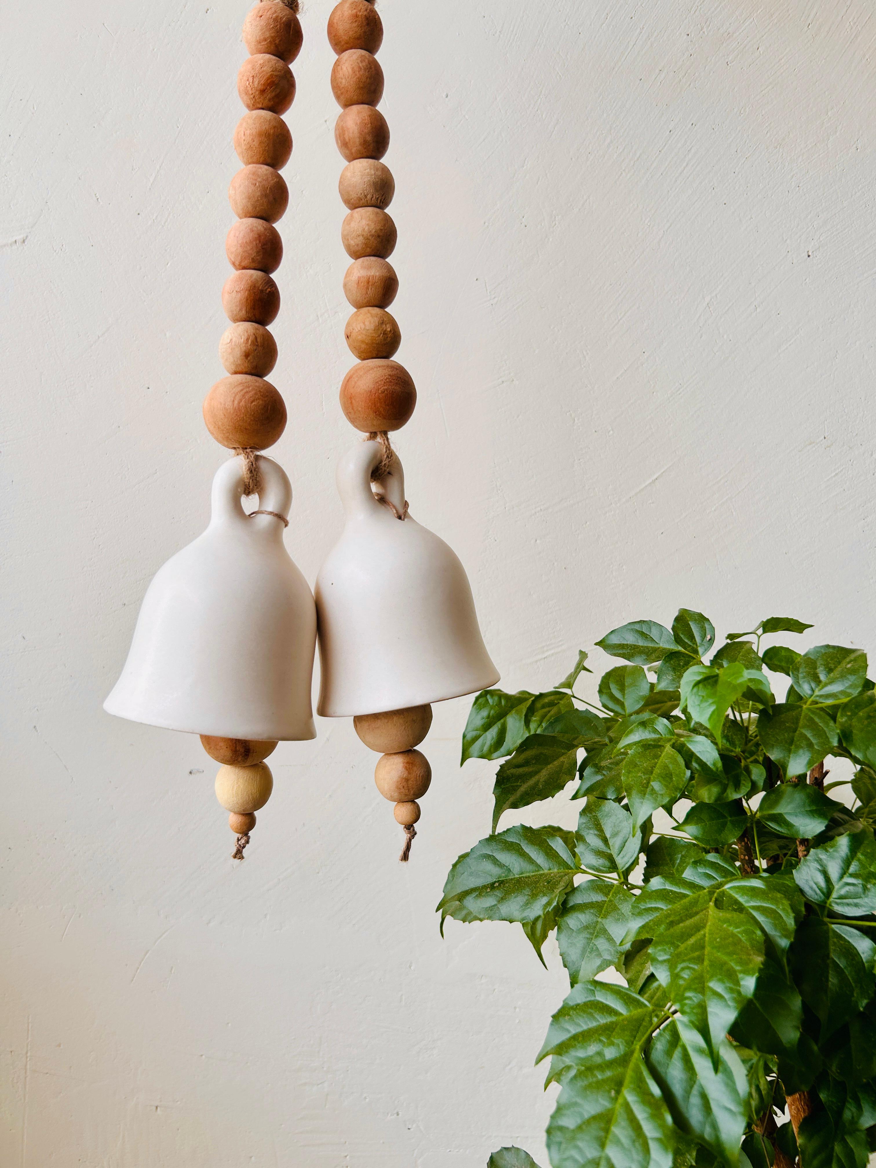 Boho Ivory Ceramic Bells with Ceramic Hooks| Set of 2 | Rustic & Serene Decor