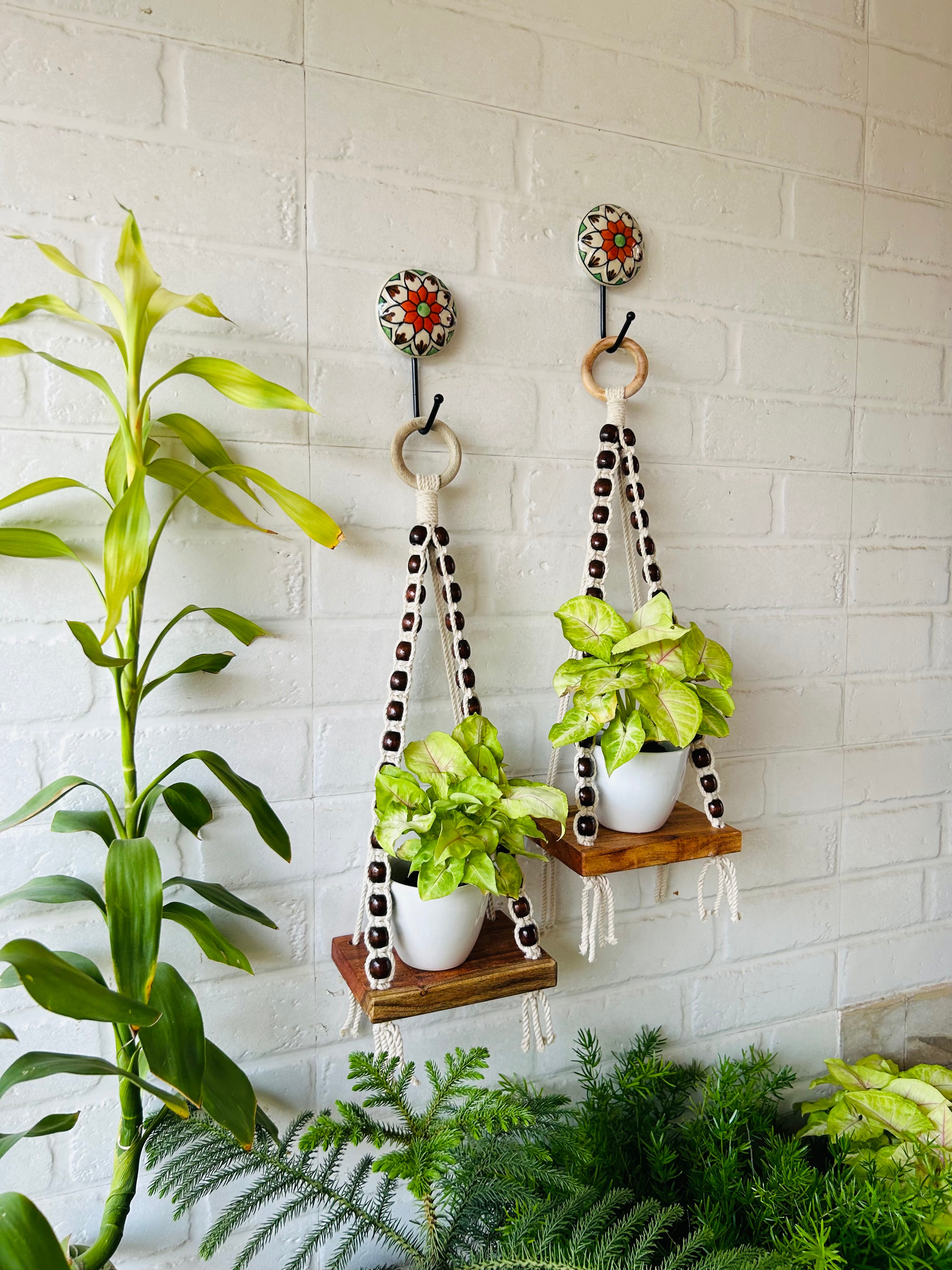 Natural White Beaded Mini Shelves with ceramic hooks and ceramic white planters
