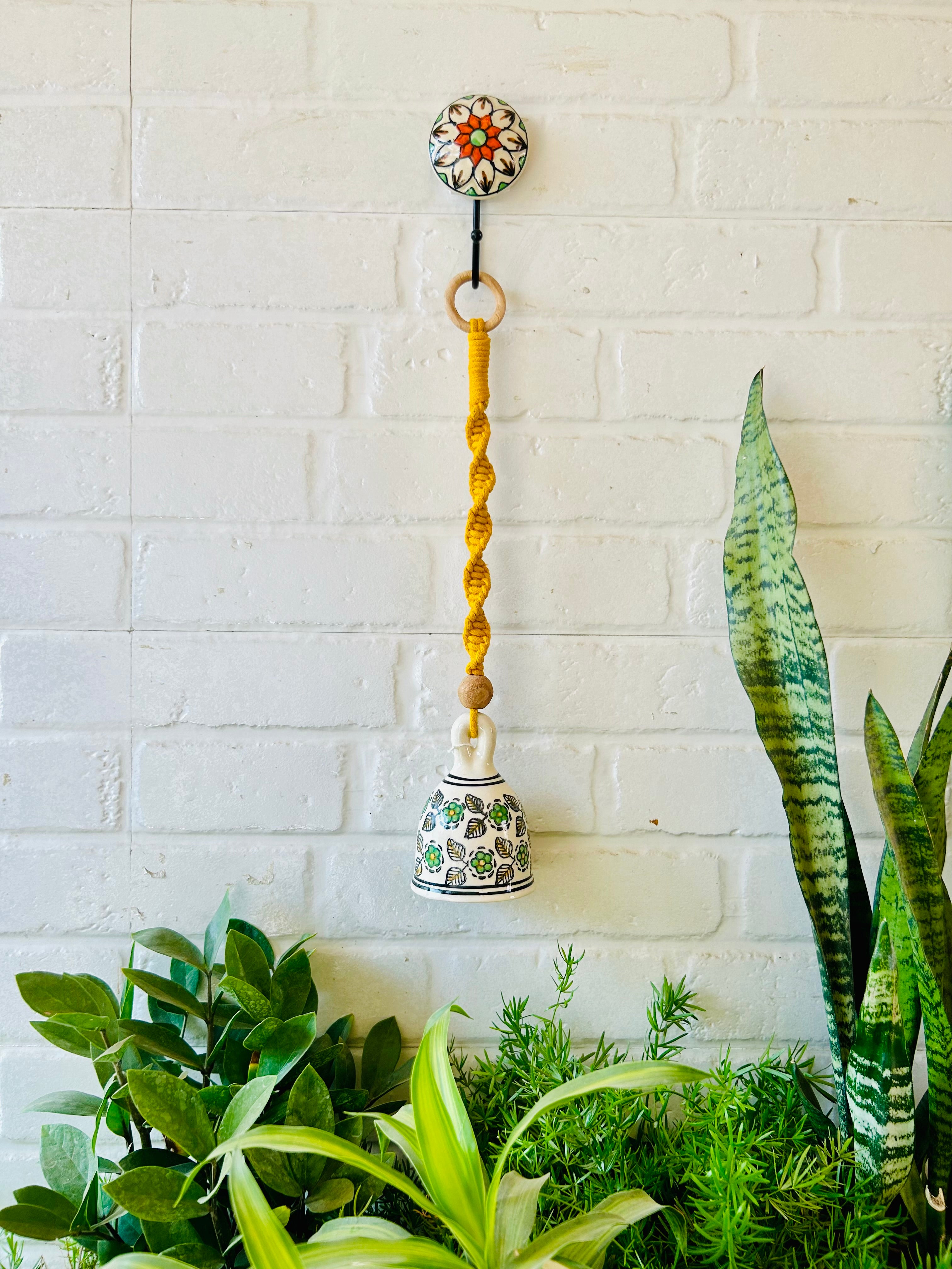 EVERGREEN | Ceramic Macrame Bell with Ceramic Hook - Green Flowers | Diwali Special