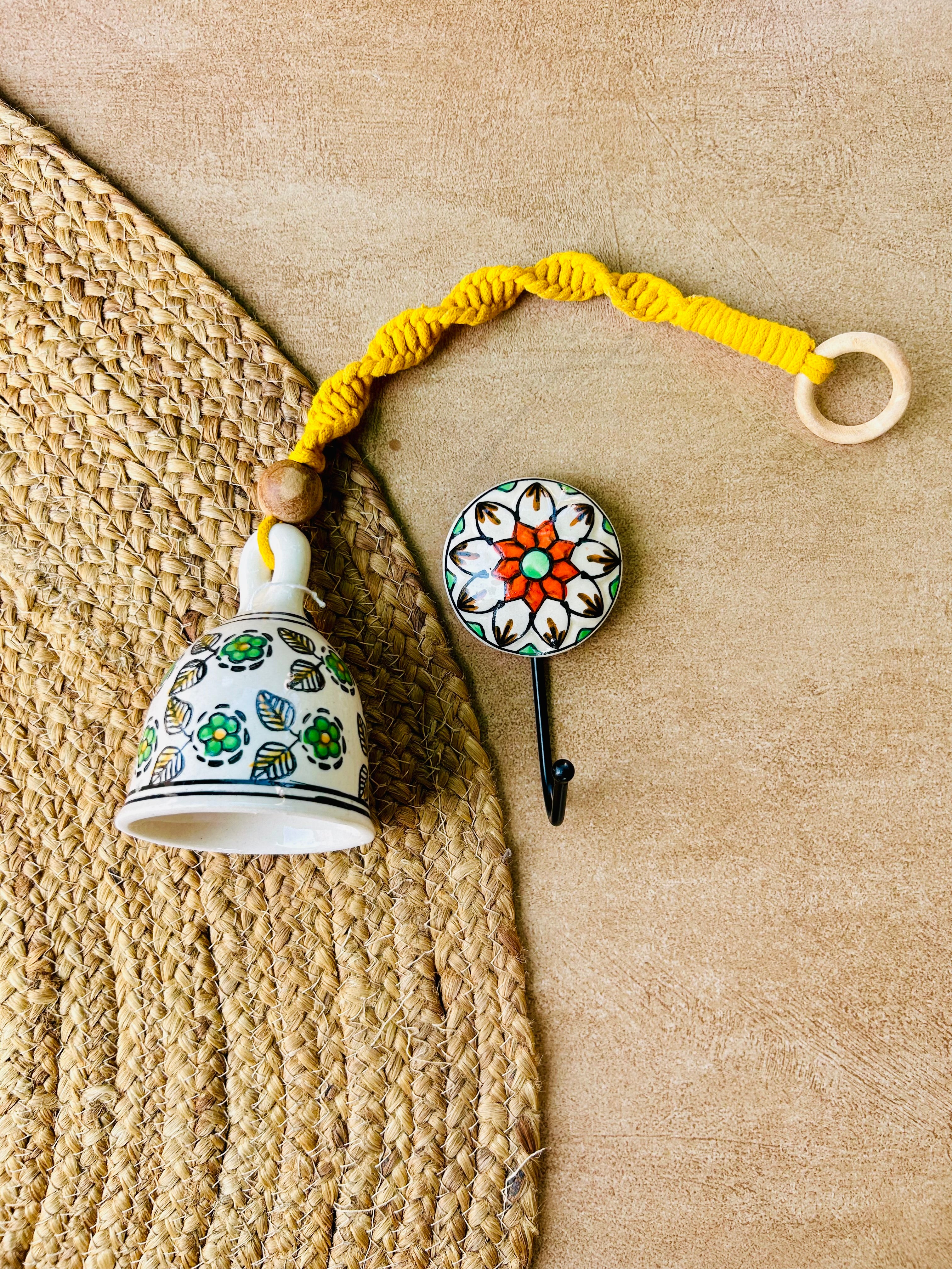 EVERGREEN | Ceramic Macrame Bell with Ceramic Hook - Green Flowers | Diwali Special