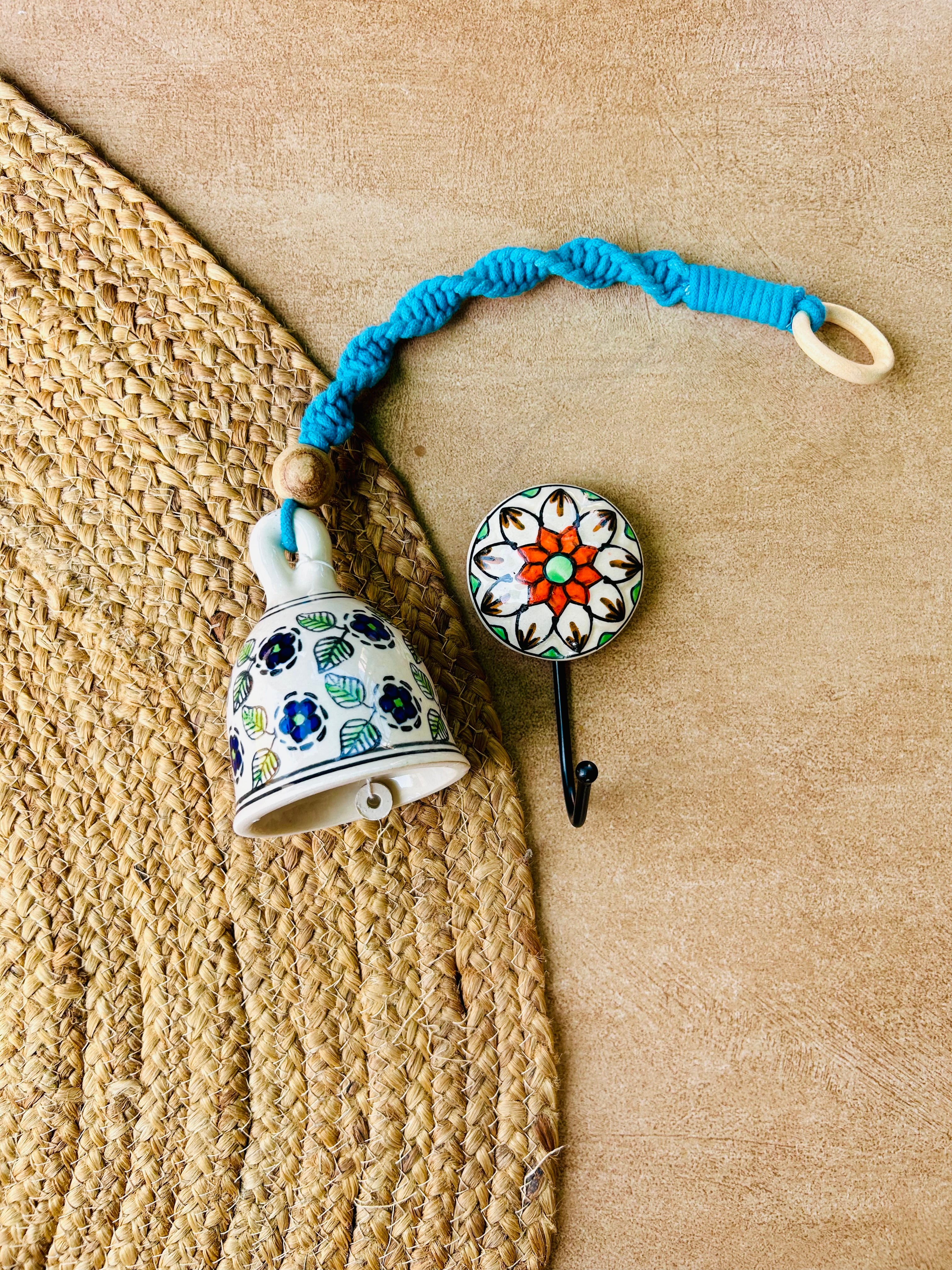 SAPPHIRE | Ceramic Macrame Bell with Ceramic Hook - Blue Flowers