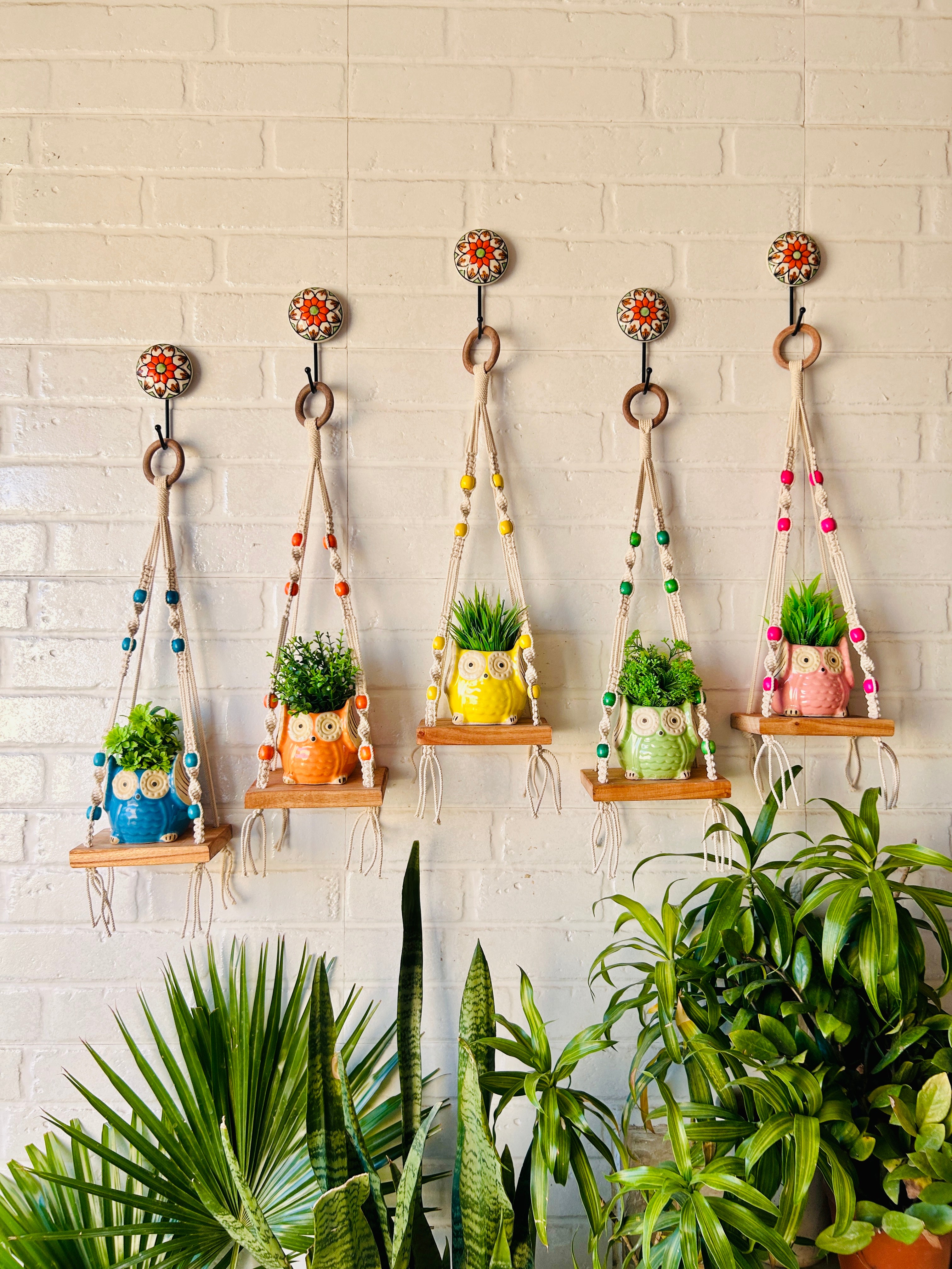 KNOT AND BEAD | SET OF FIVE | Macrame Mini Wall Shelves with owl planters and ceramic hooks