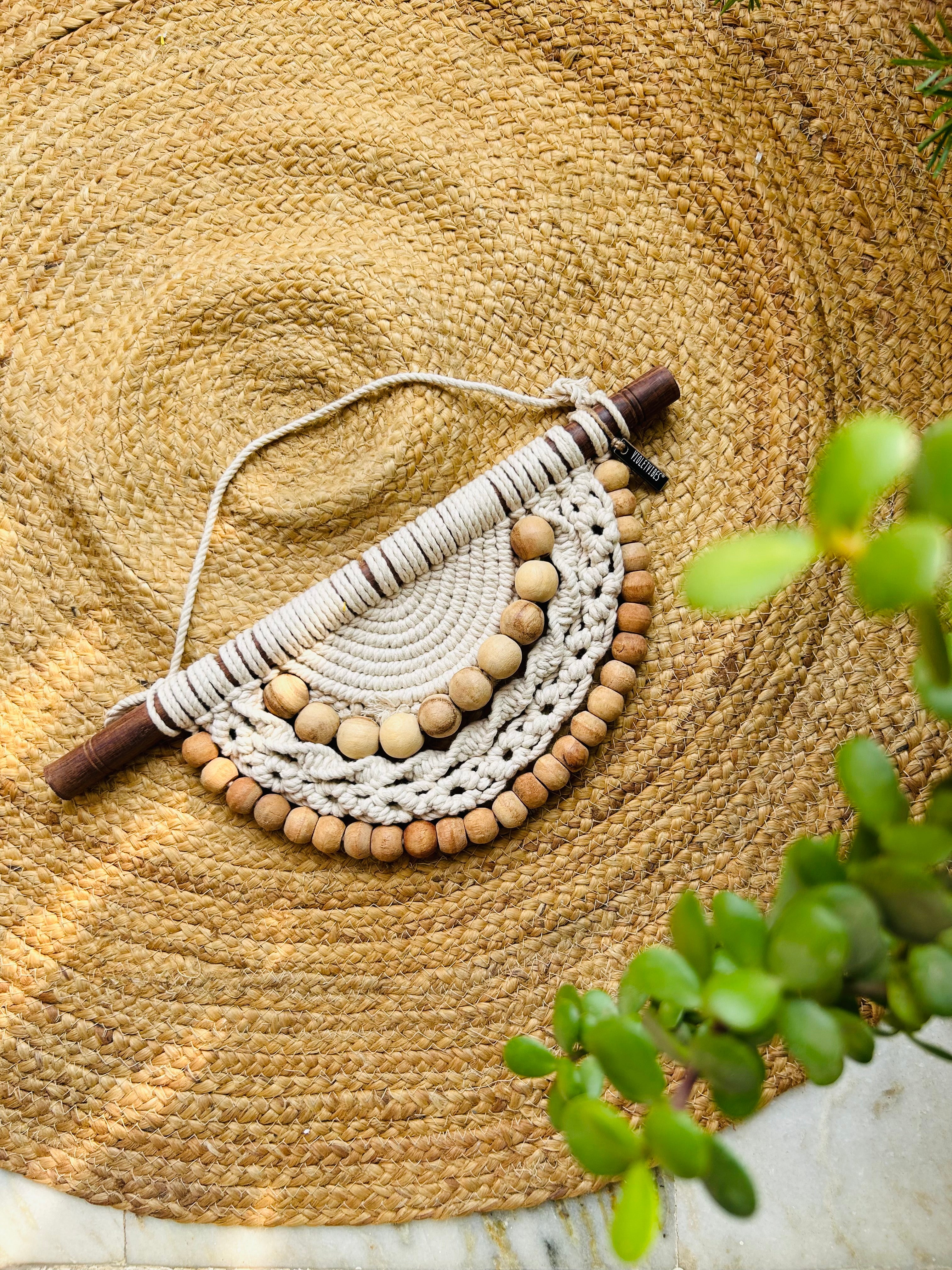 White Crescent beaded macrame moon wall hanging
