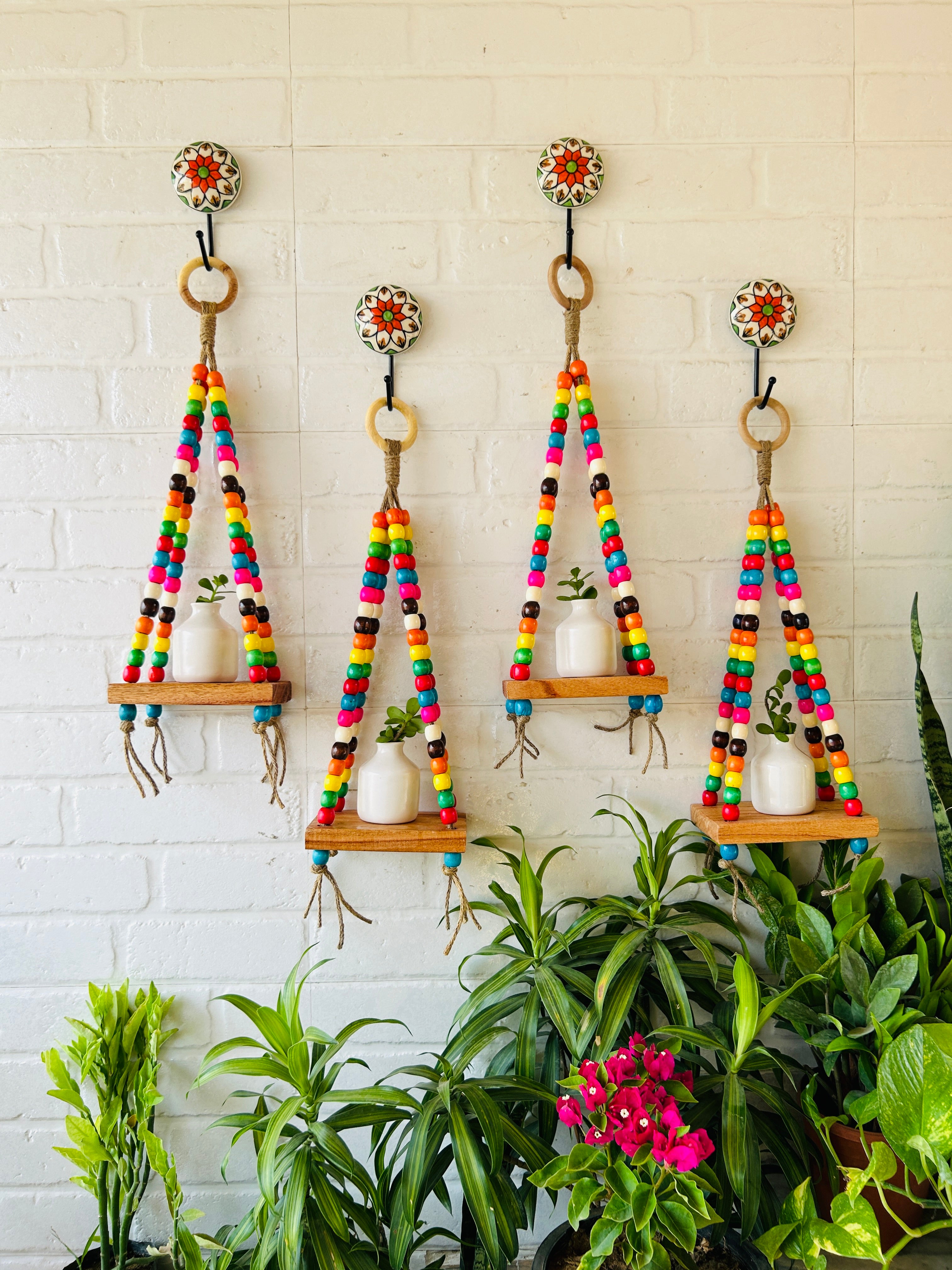 ‘Colorful Beaded’ Mini Wall Shelves with ceramic hooks and white mini ceramic bottles (All sides beaded)