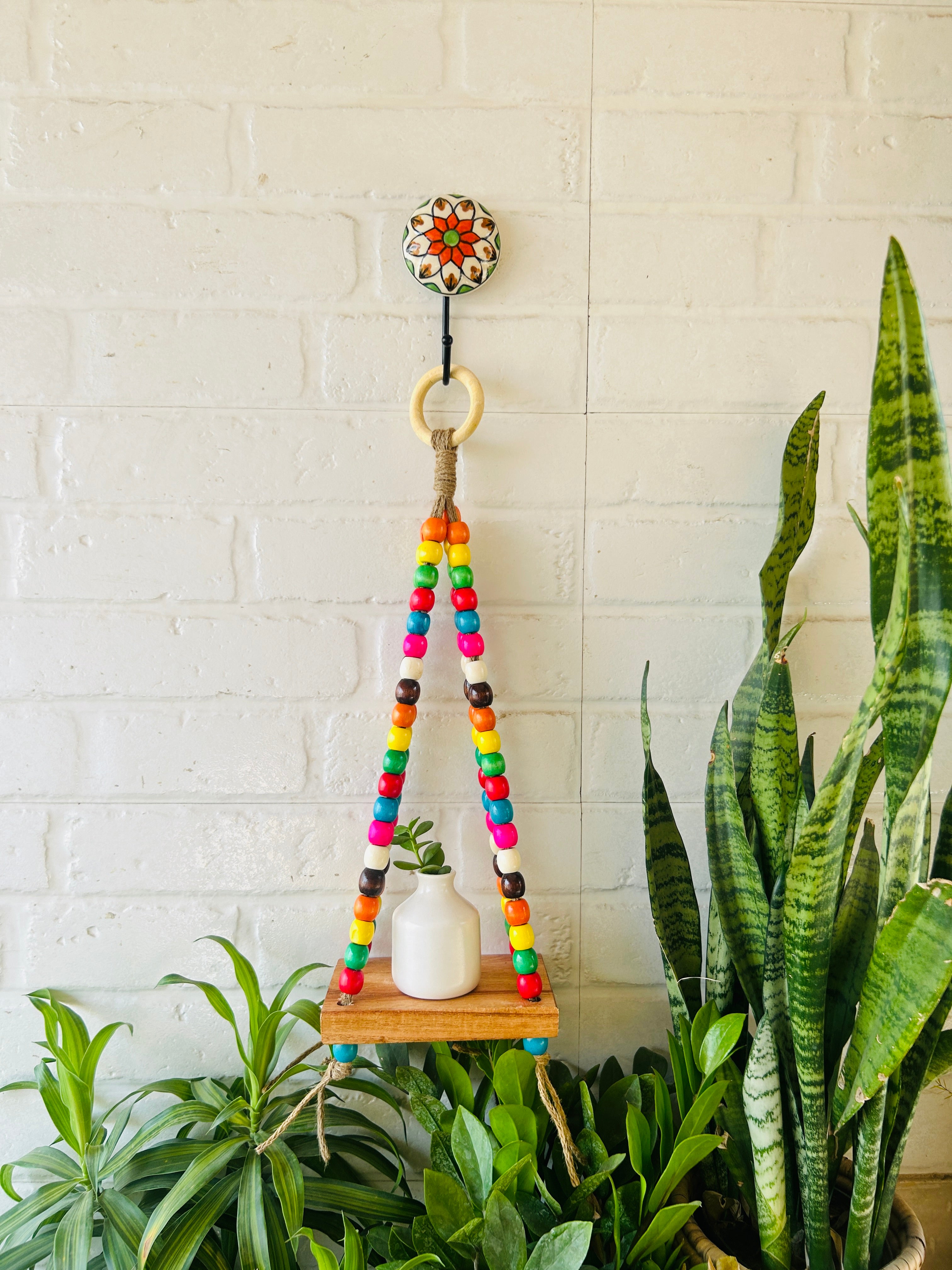 ‘Colorful Beaded’ Mini Wall Shelves with ceramic hooks and white mini ceramic bottles (All sides beaded)