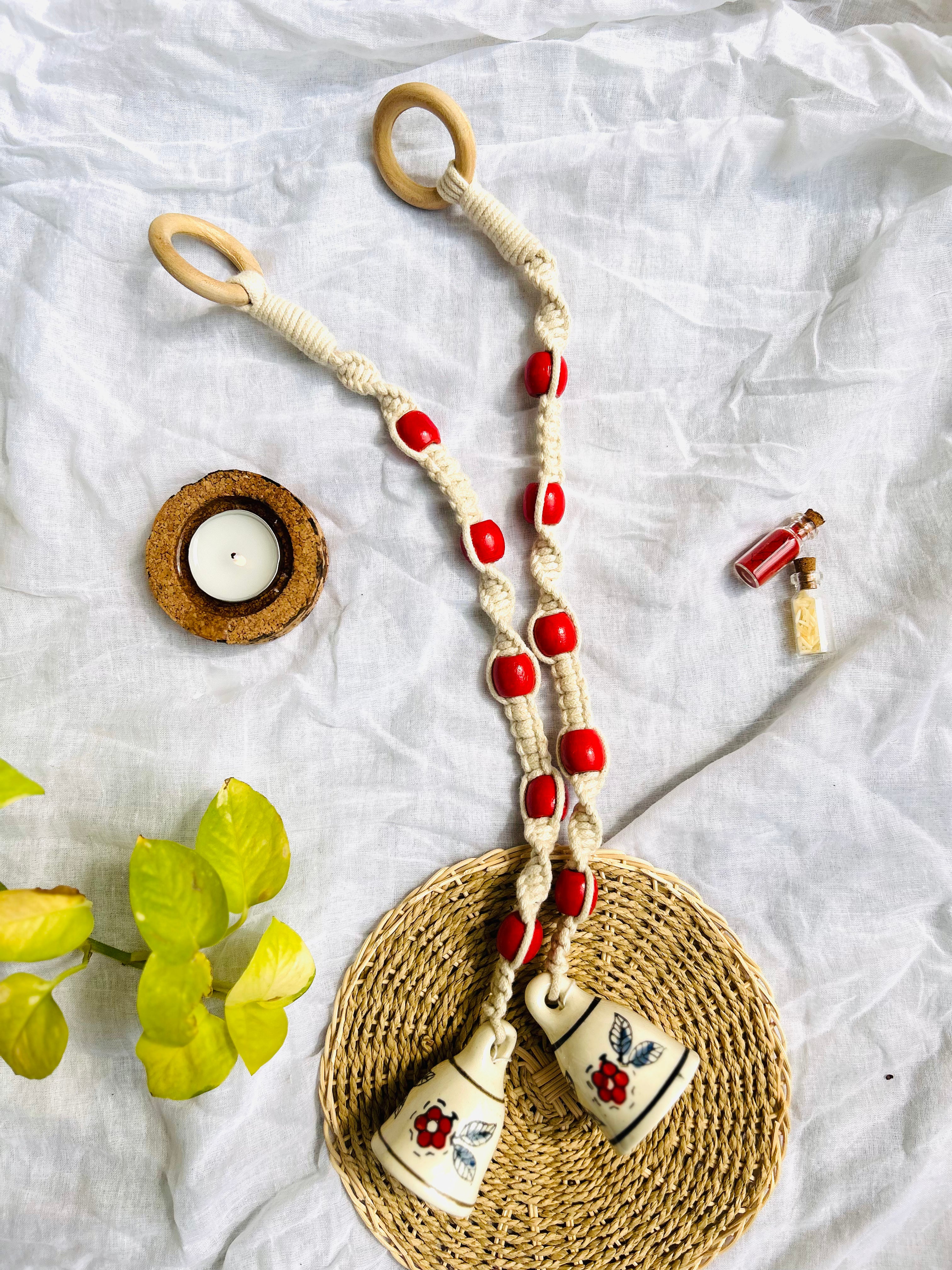 GULAAL | Temple Chimes | Set of 2 | Ceramic Macrame Bells with Wooden Beads