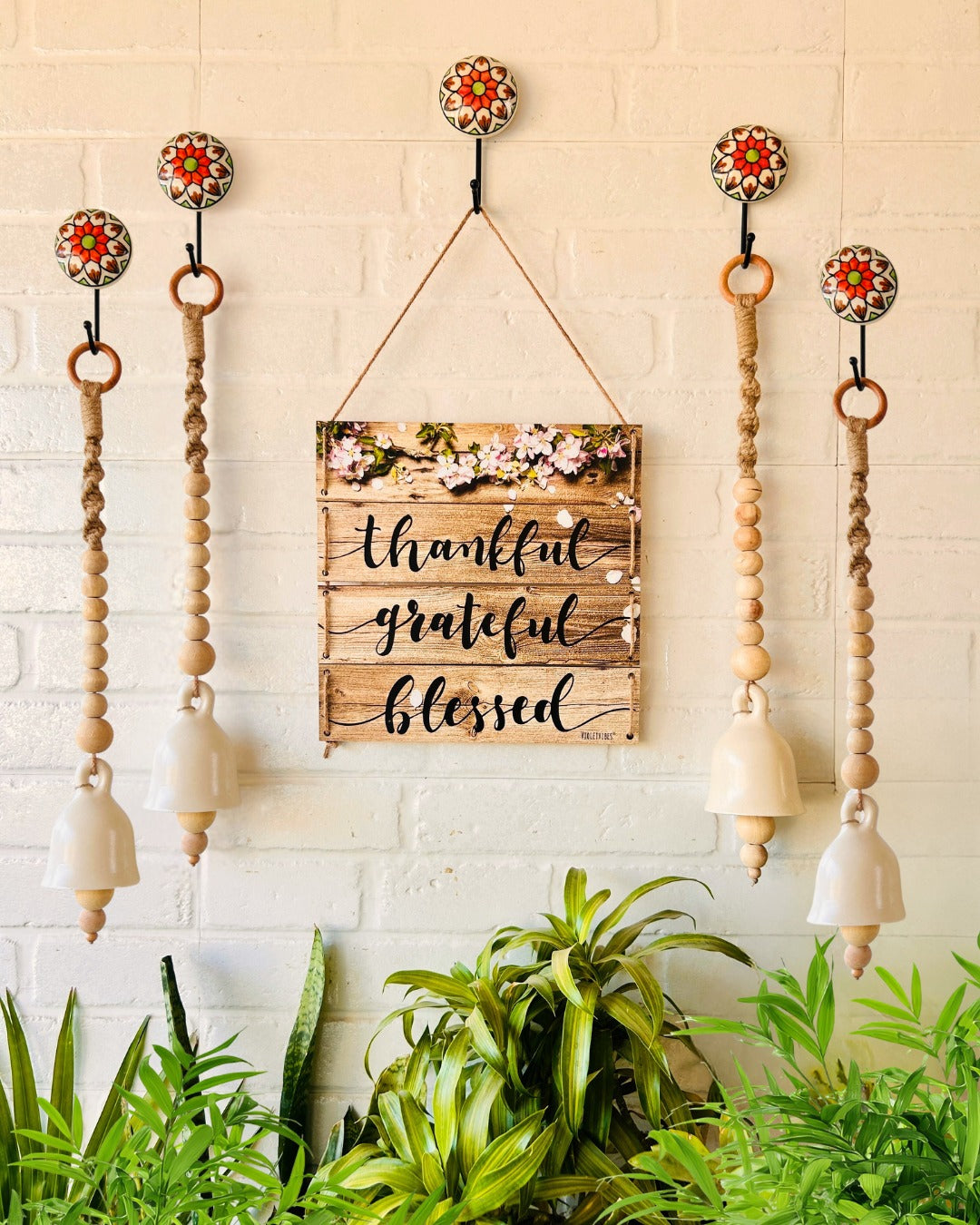 Rustic Serenity Wall Set with 4 Ceramic Macrame Ivory Bells | Wall Decor