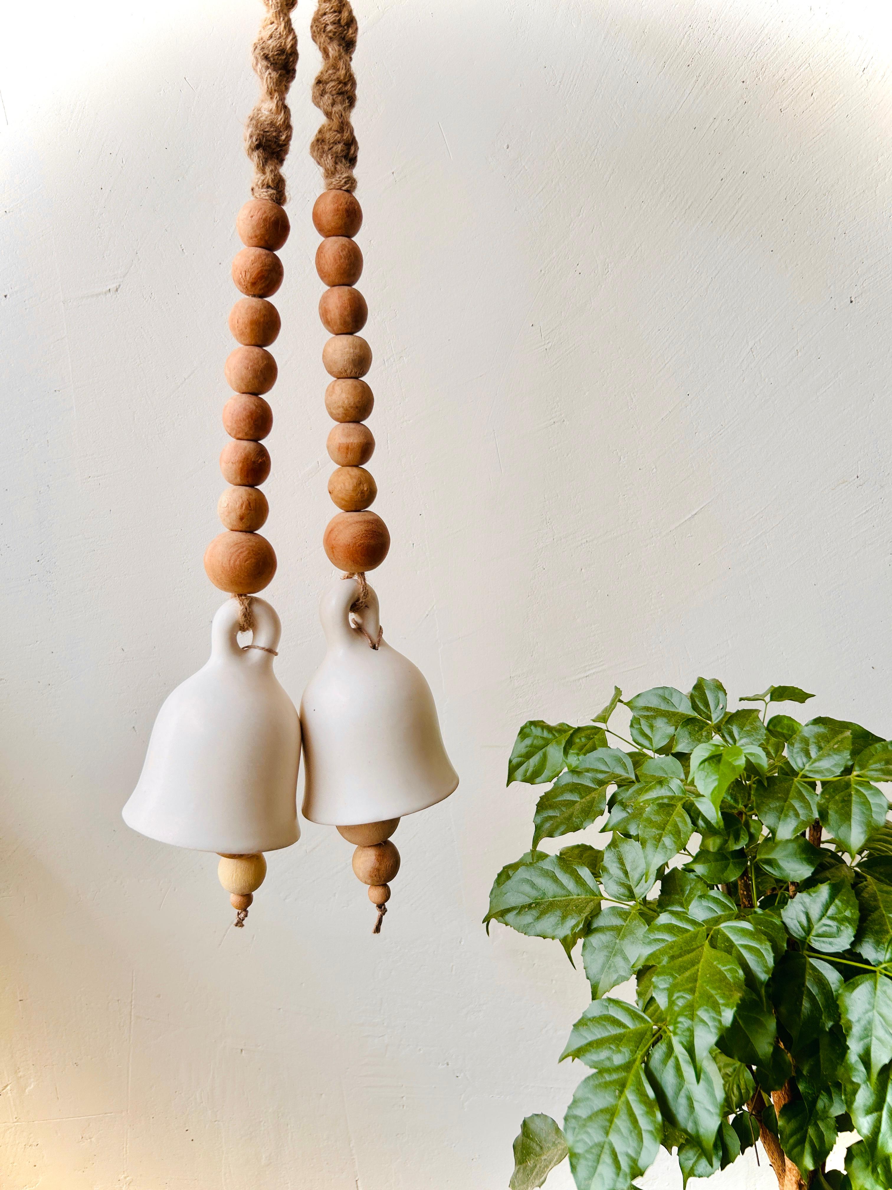 Rustic Serenity Wall Set with 2 Ceramic Macrame Ivory Bells  | Wall Decor