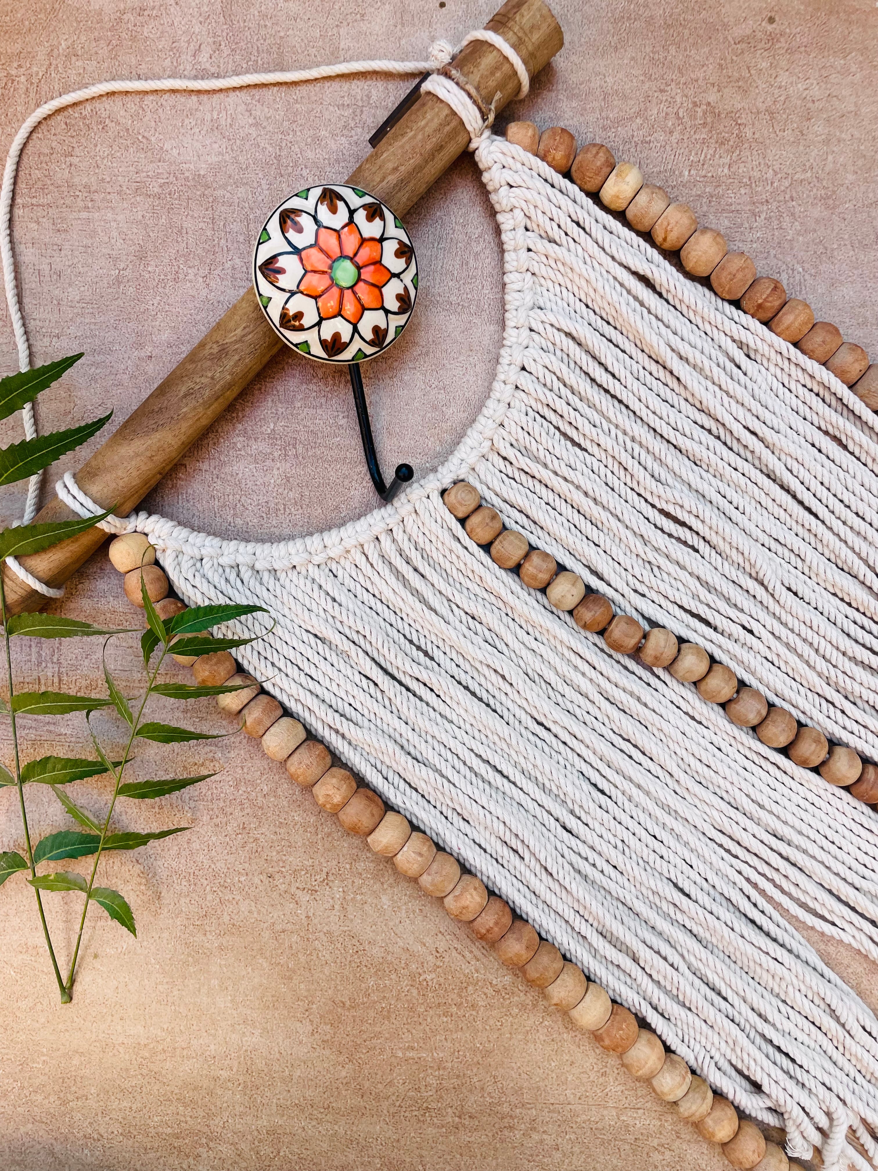 Beaded Macrame Wall Hanging - Natural White with ceramic hook