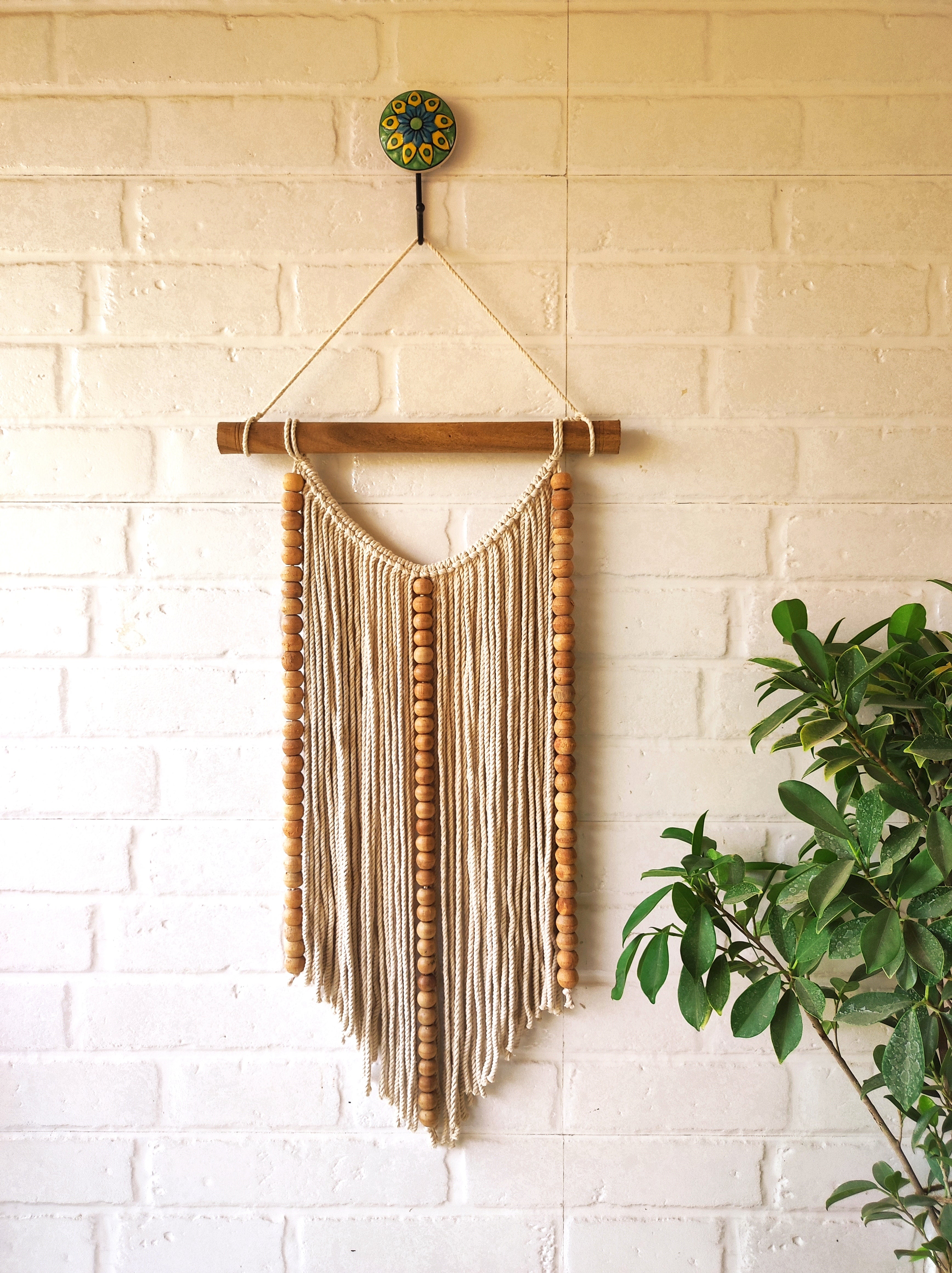 Beaded Macrame Wall Hanging - Natural White with ceramic hook