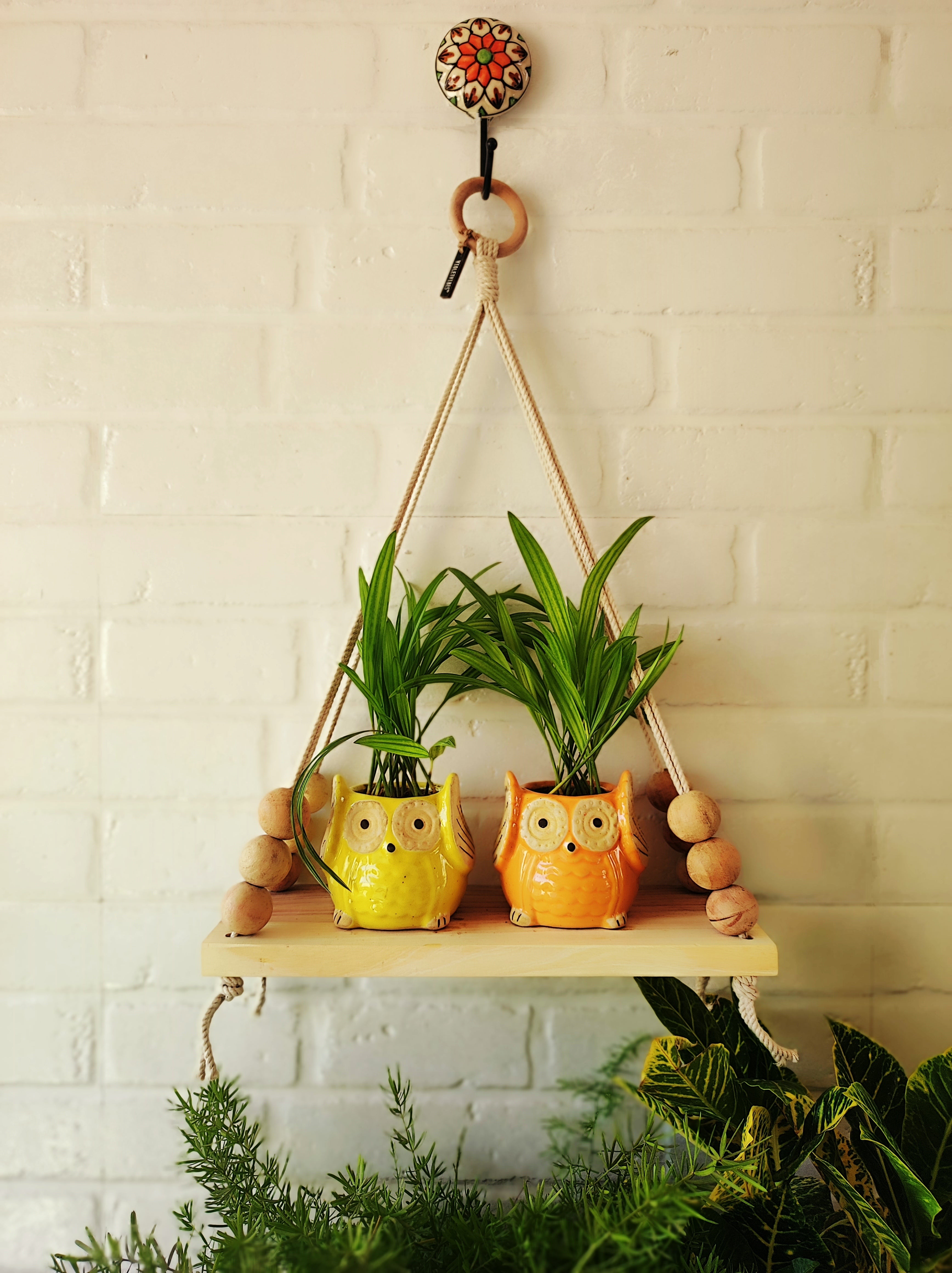 Natural Wood Macrame Shelf with owl planters and a ceramic hook