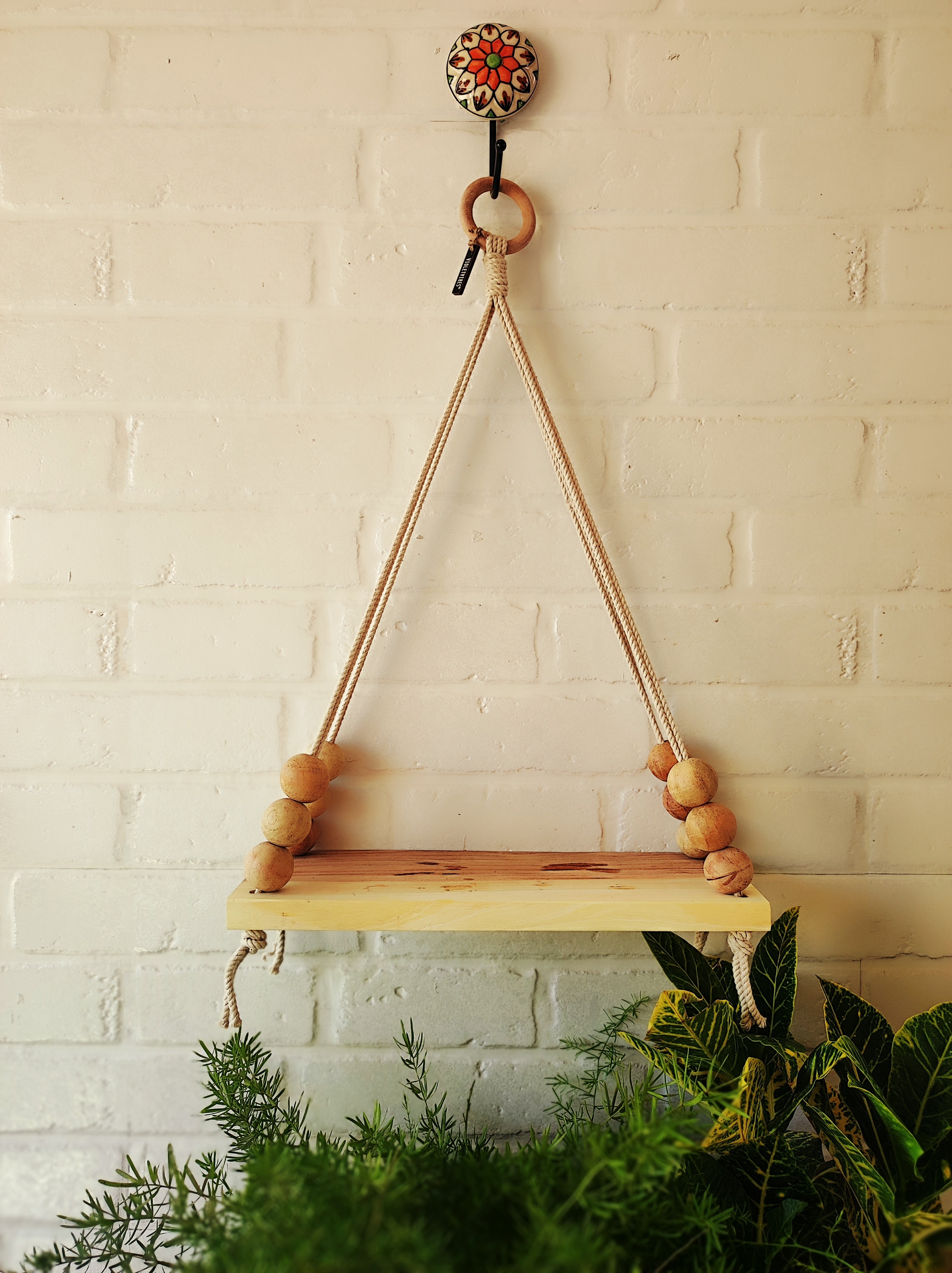 Natural Wood Macrame Shelf with owl planters and a ceramic hook