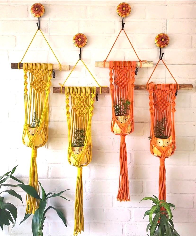 Colored Macrame Hangers with hooks and owl shaped planters