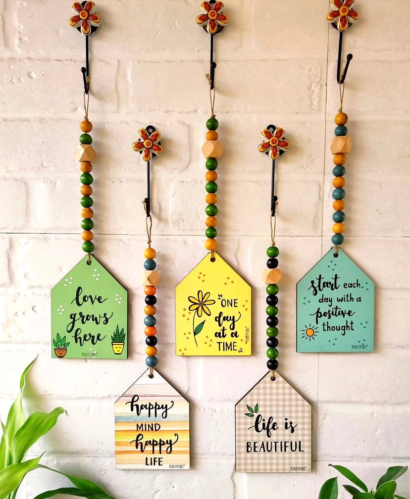 Beaded Wooden Huts with Ceramic Hooks - Set of 5