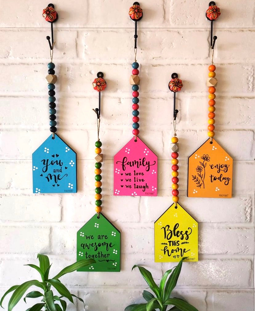 Beaded Wooden Huts with Ceramic Hooks - Set of 5