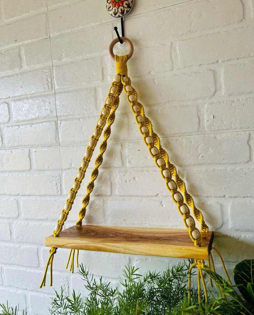 Natural Wood Yellow Beaded Shelf | With Ceramic Planters and Hook