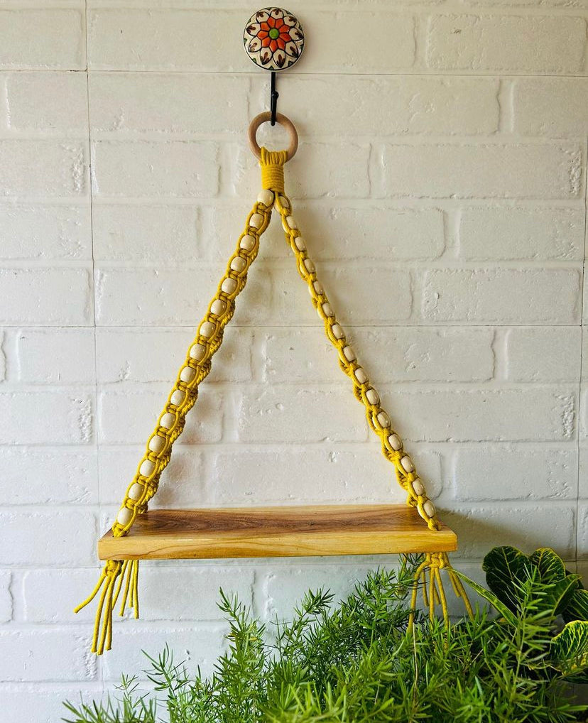 Natural Wood Yellow Beaded Shelf | With Ceramic Planters and Hook