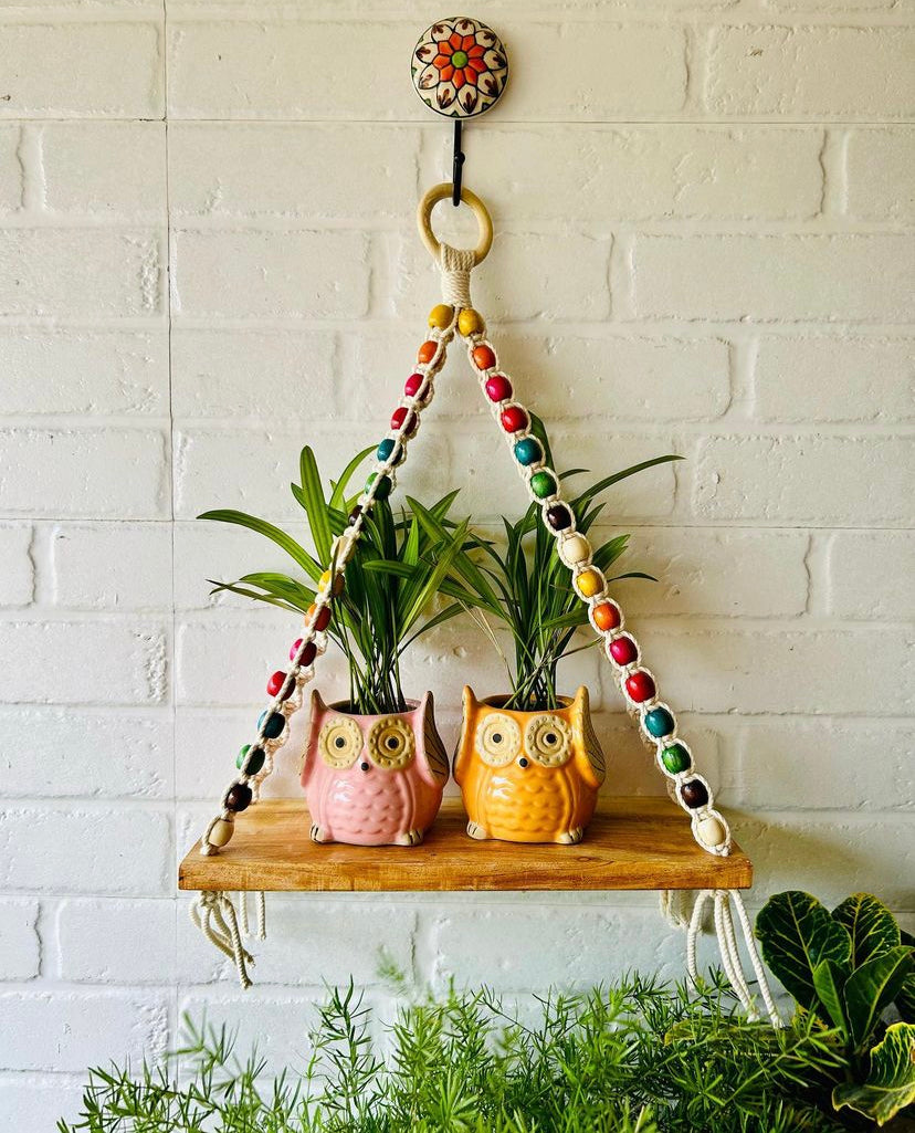 Natural Wood Colorful Beaded Shelf | With Ceramic Planters and Hook
