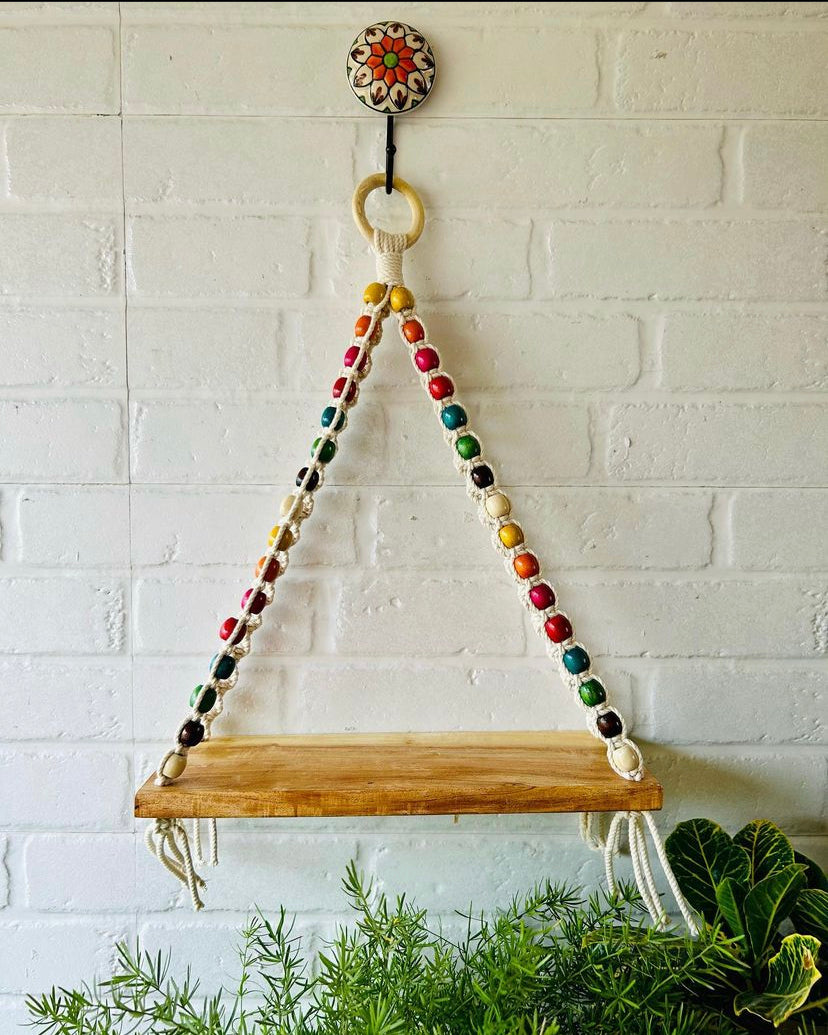 Natural Wood Colorful Beaded Shelf | With Ceramic Planters and Hook