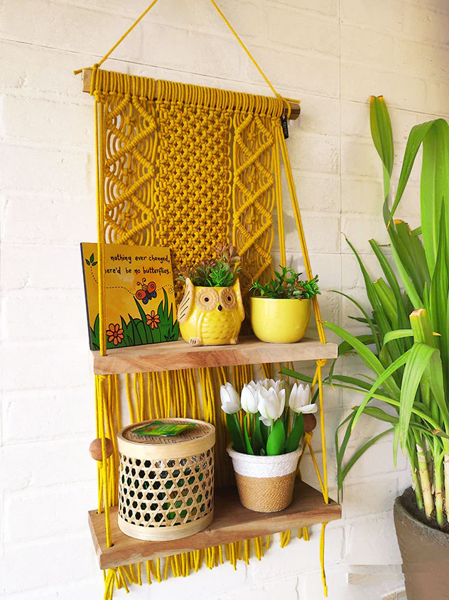 Intricate Macrame Double Wall Shelf | Yellow
