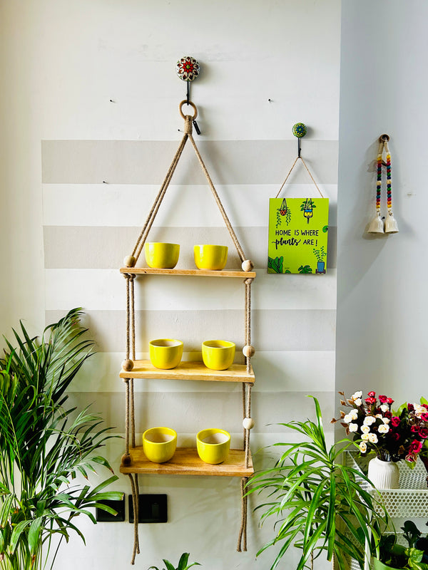 Jute triple wooden shelf with hook and ceramic planters