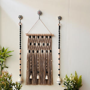 Monochrome Tapestry Wall Set up with ceramic bells and hooks