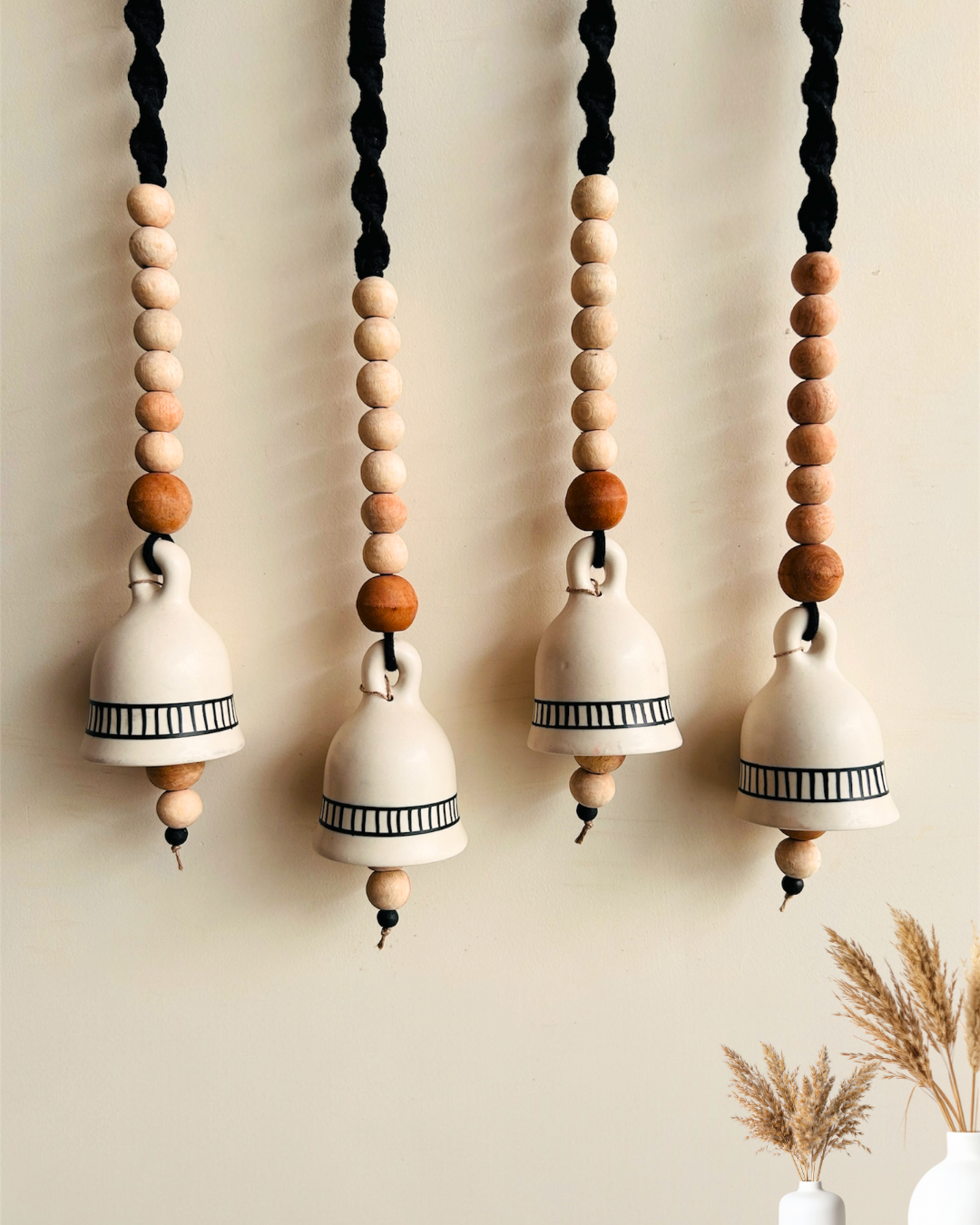 Monochrome Melody | BOHO IVORY Ceramic-Beaded-Macrame | Set of 4 bells with 4 ceramic wall hooks