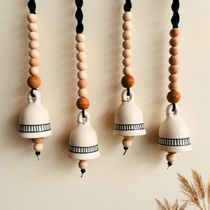 Monochrome Melody | BOHO IVORY Ceramic-Beaded-Macrame | Set of 4 bells with 4 ceramic wall hooks