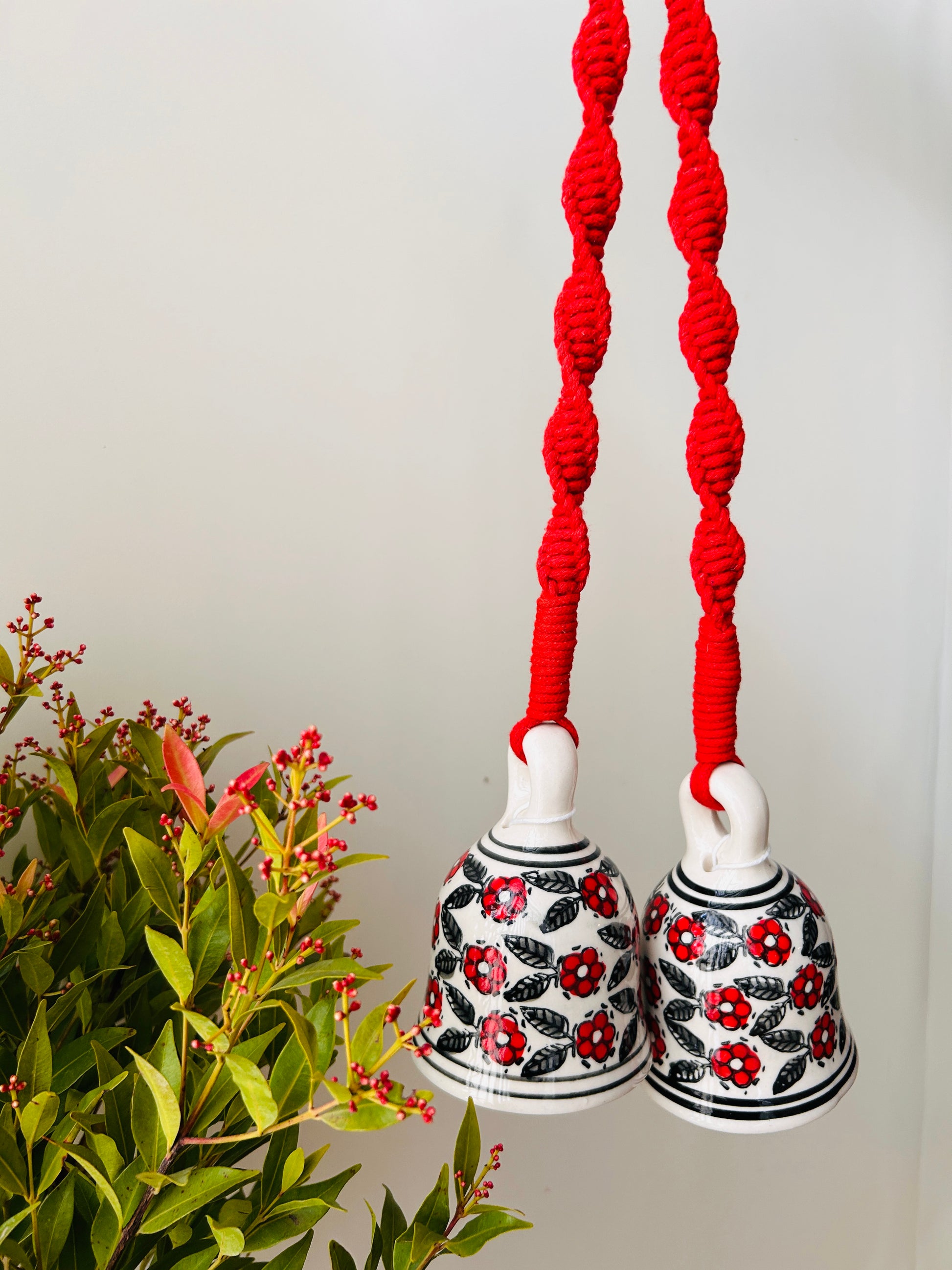 CHERRY | Ceramic Macrame Bells with Ceramic Hooks | Set of 2 (Free shipping)
