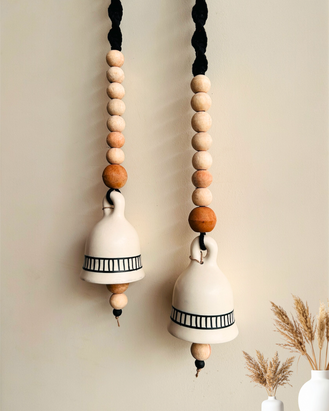 Monochrome Melody | BOHO IVORY Ceramic-Beaded-Macrame Bells | PAIR of bells with a PAIR of ceramic hooks